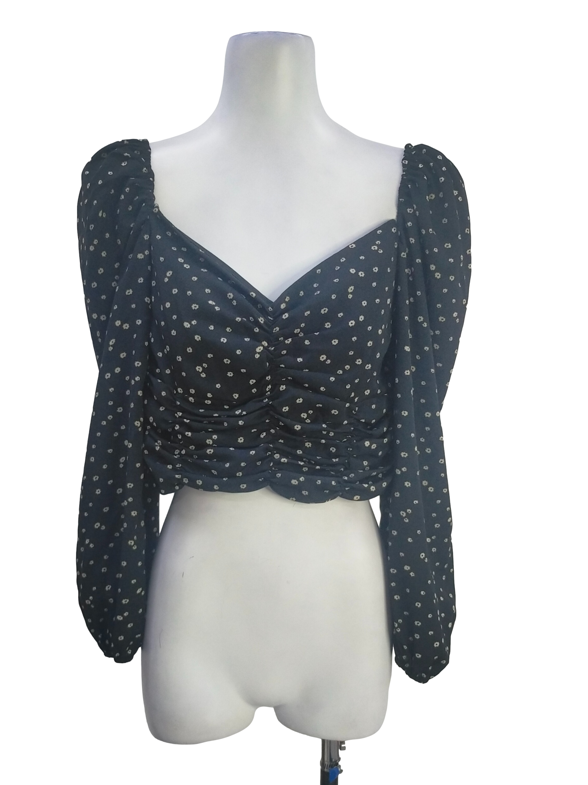 Black Floral Pattern V Neck Top