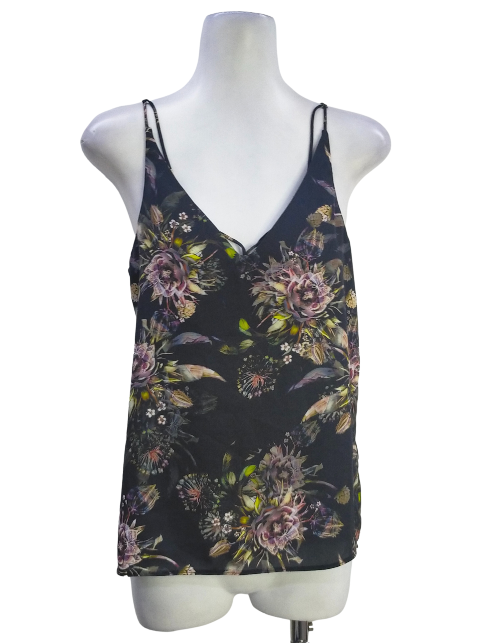 Black Flower Pattern V Neck Top