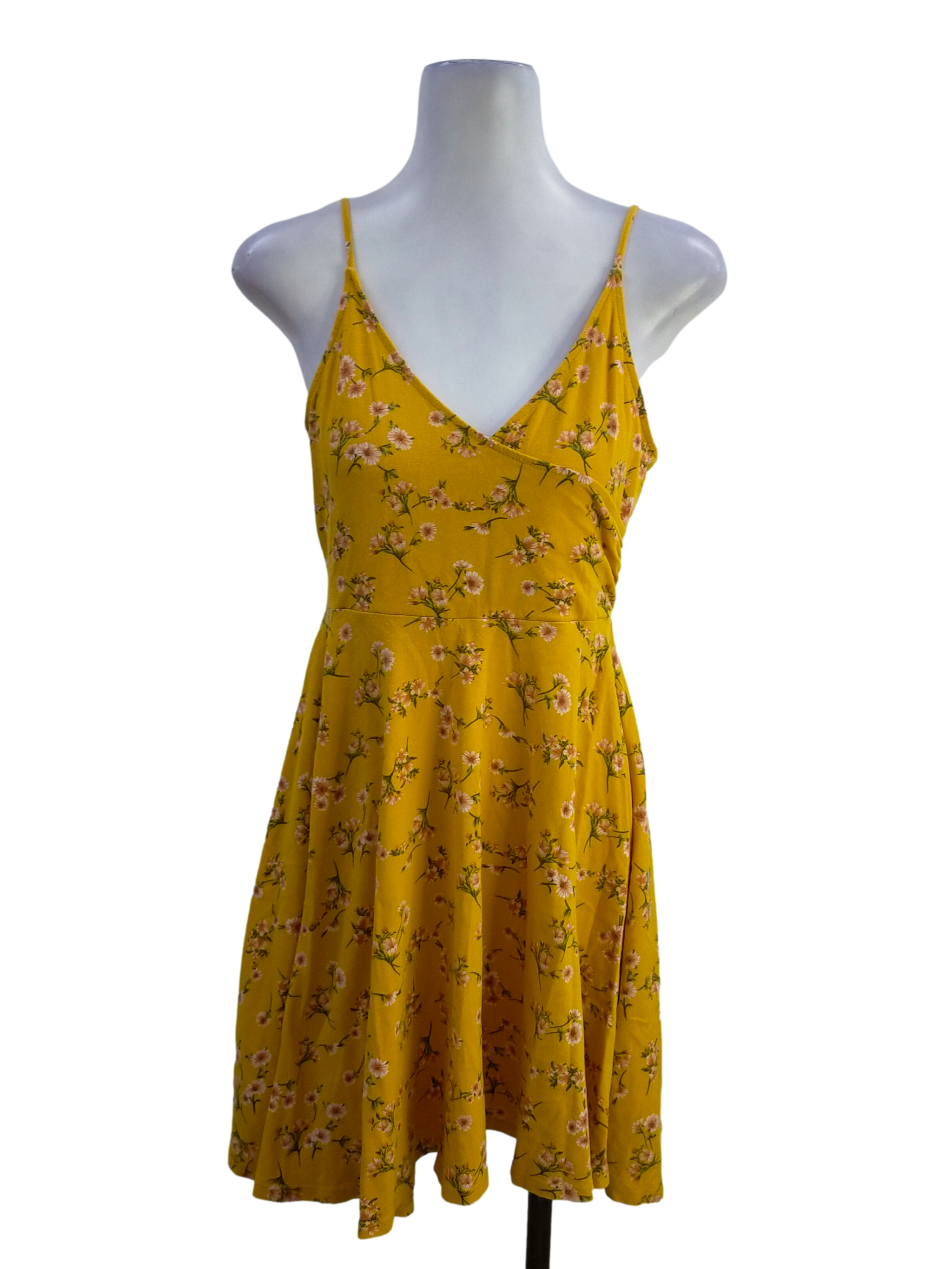 Yellow Floral Pattern V Neck A-Line Dress