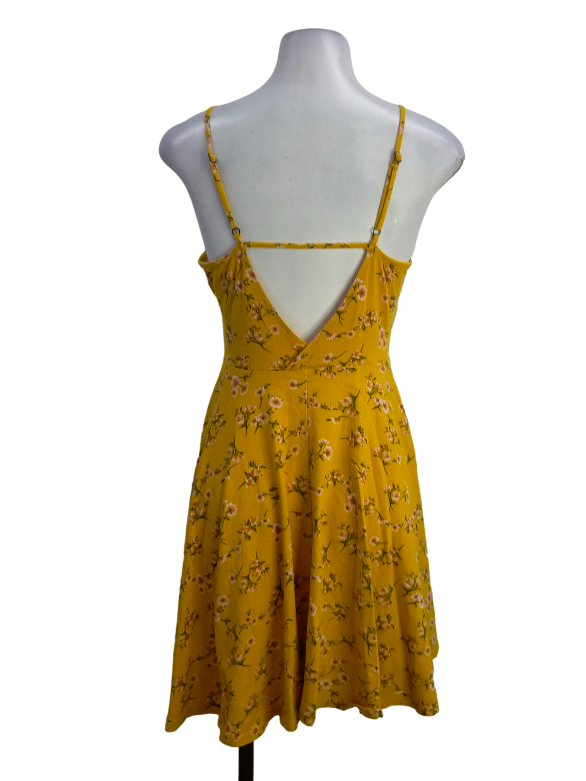 Yellow Floral Pattern V Neck A-Line Dress