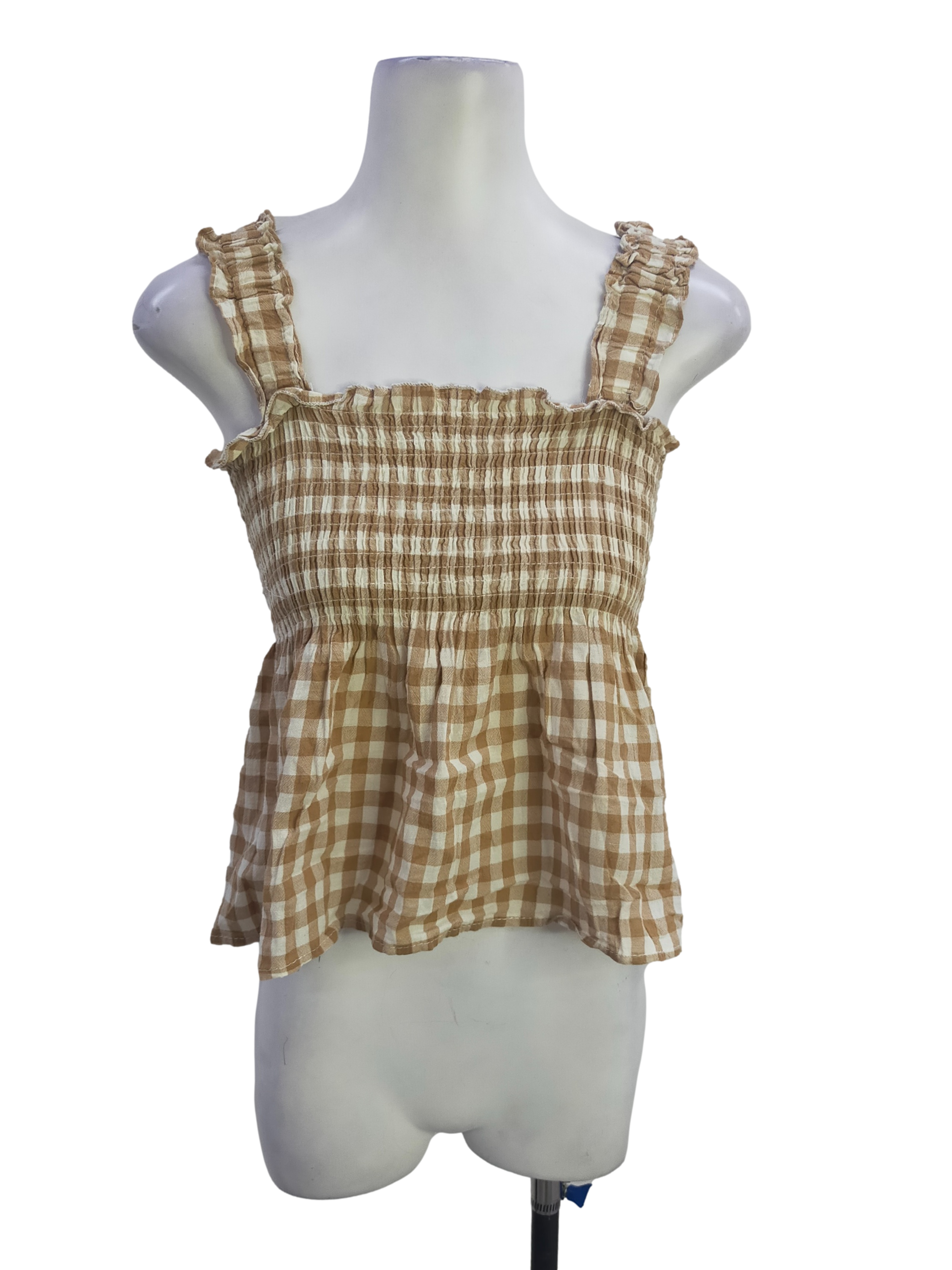 Tawny Brown Gingham Pattern Sleeveless Top