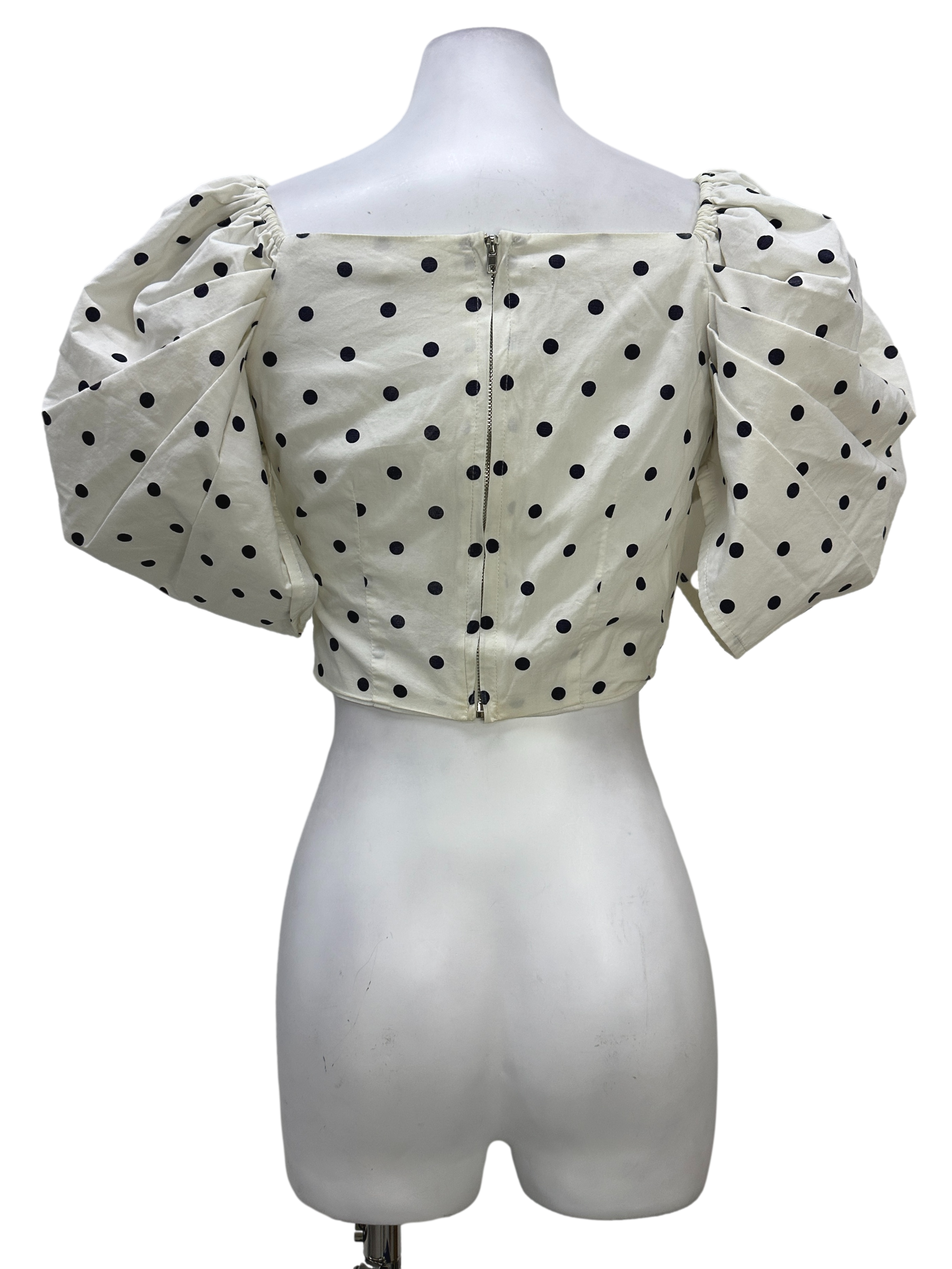 White And Black Polka Dot Puff Sleeve Crop Top