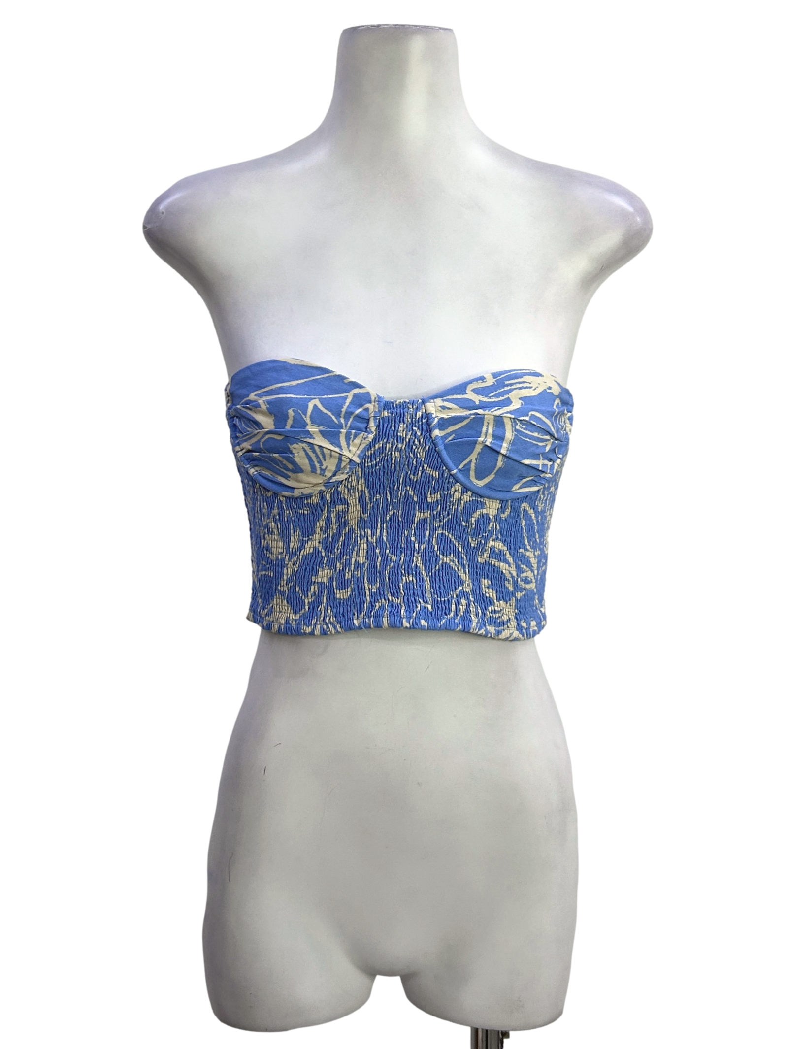 Blue Shirred Bustier Top