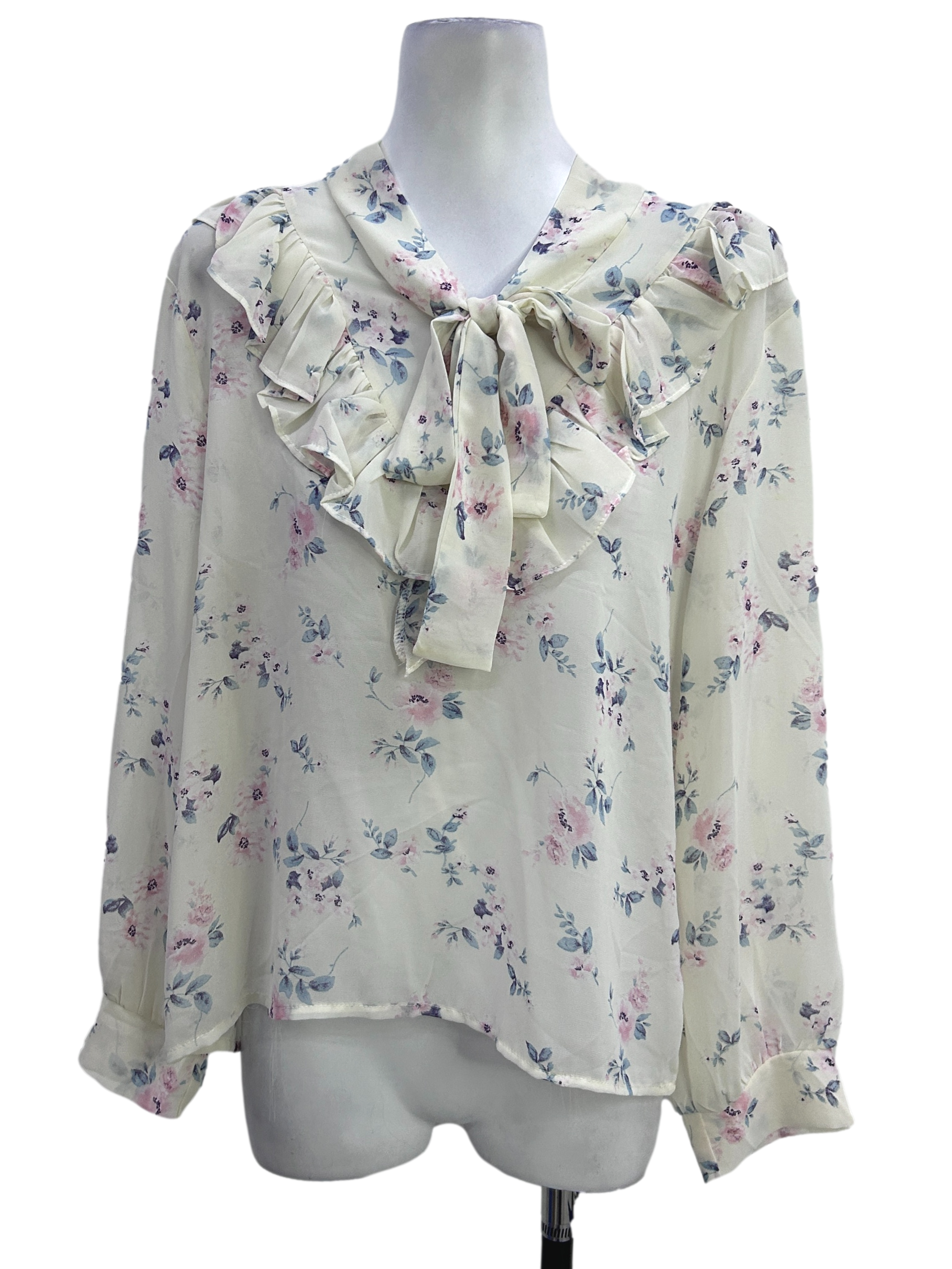 White Flower Print Neck Tie Blouse