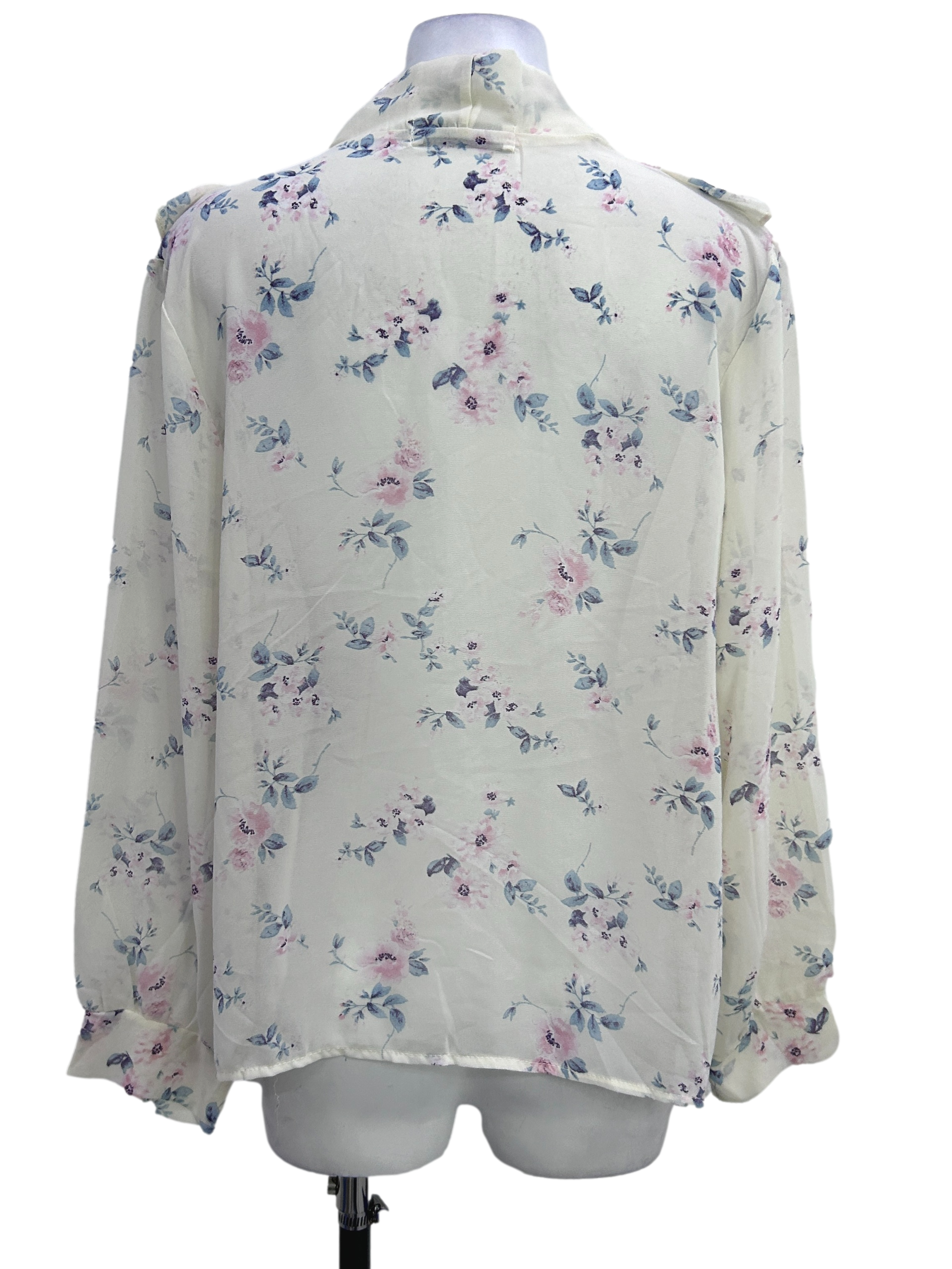 White Flower Print Neck Tie Blouse