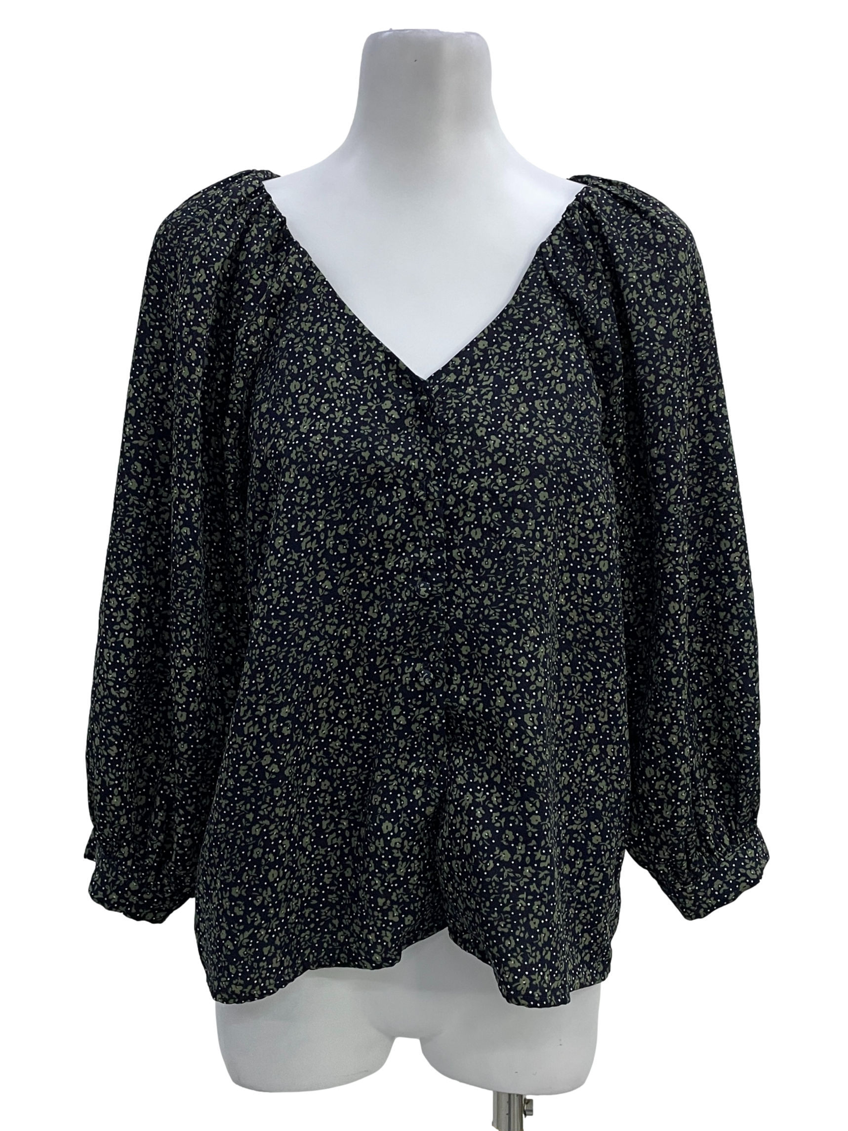 Black Sage Floral V- Neck Long Sleeve Blouse