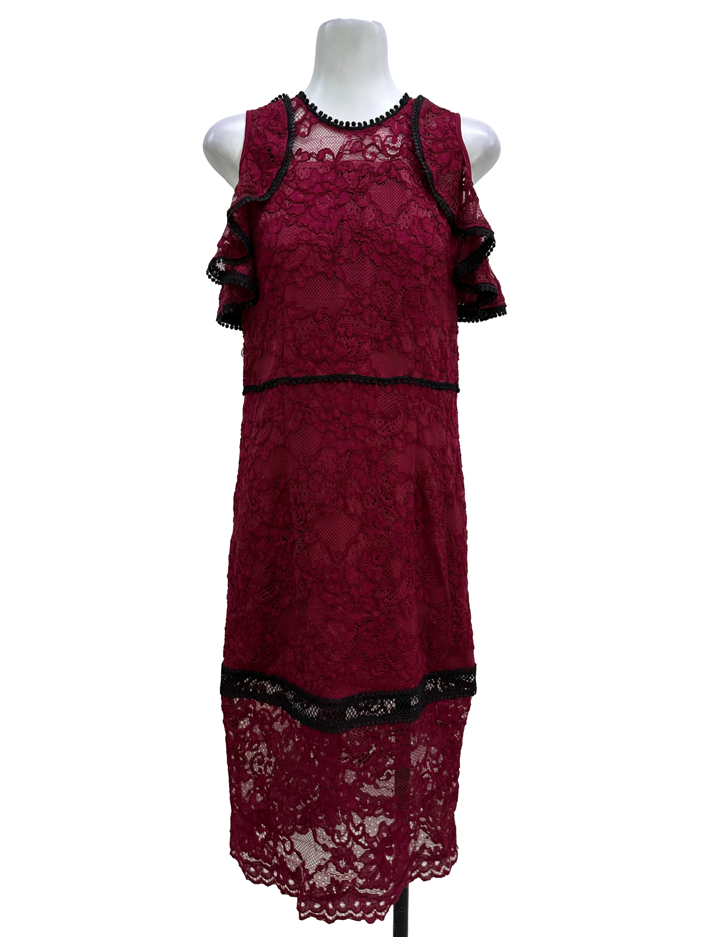 Burgundy Lacy Cold-Shoulder Dress