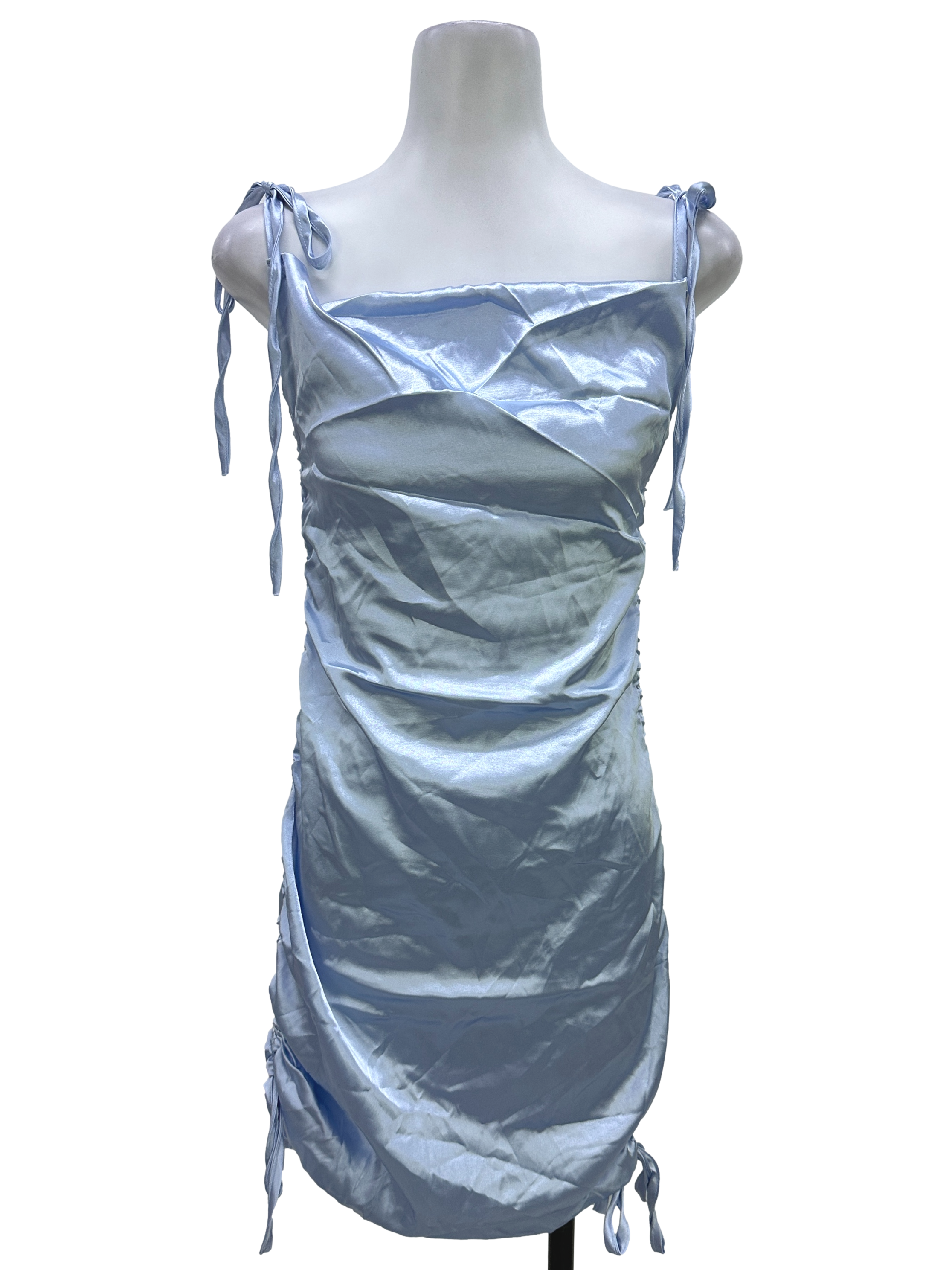 Blue Satin Ruched Dress