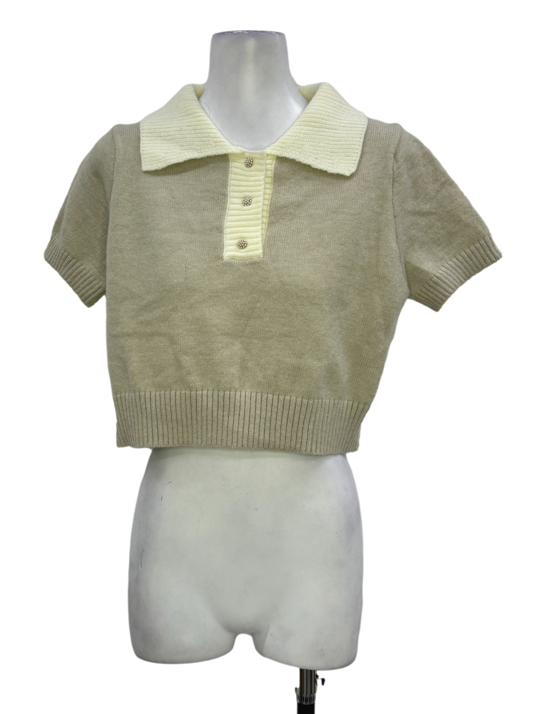 Beige Collared Knitted Top