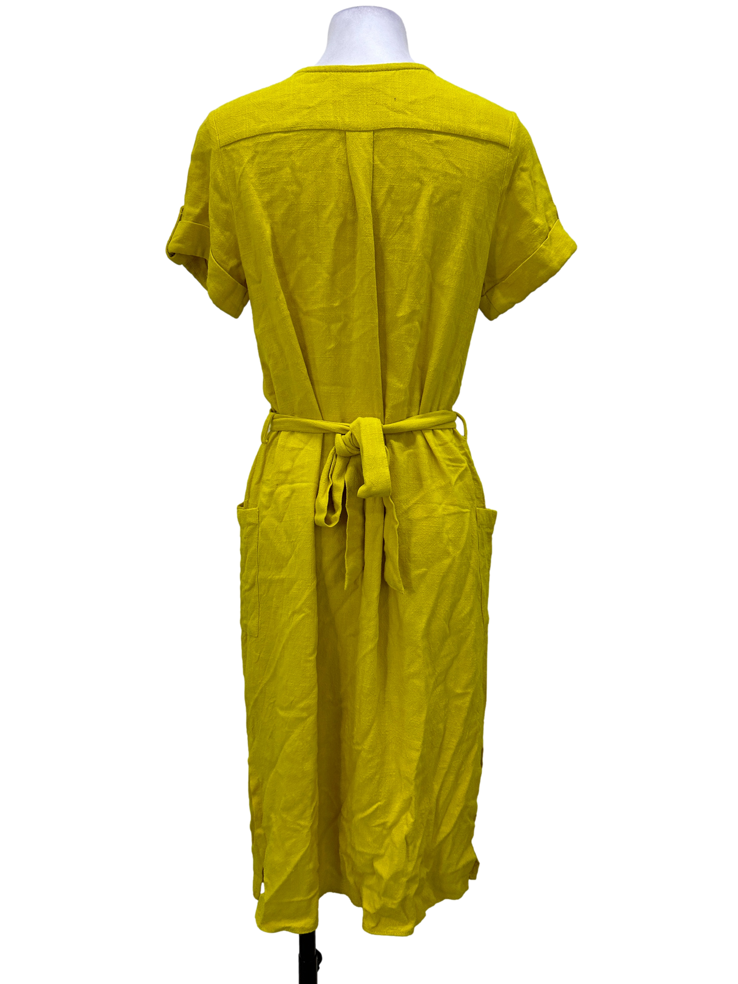 Yellow Button Up Button Tab Sleeve Dress