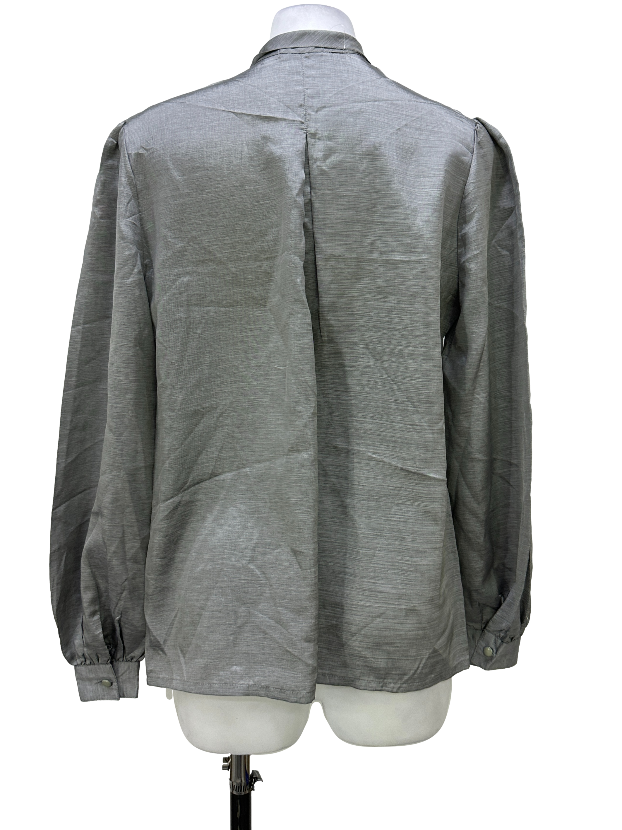 Grey Shimmery Neck Tie Button Up Blouse