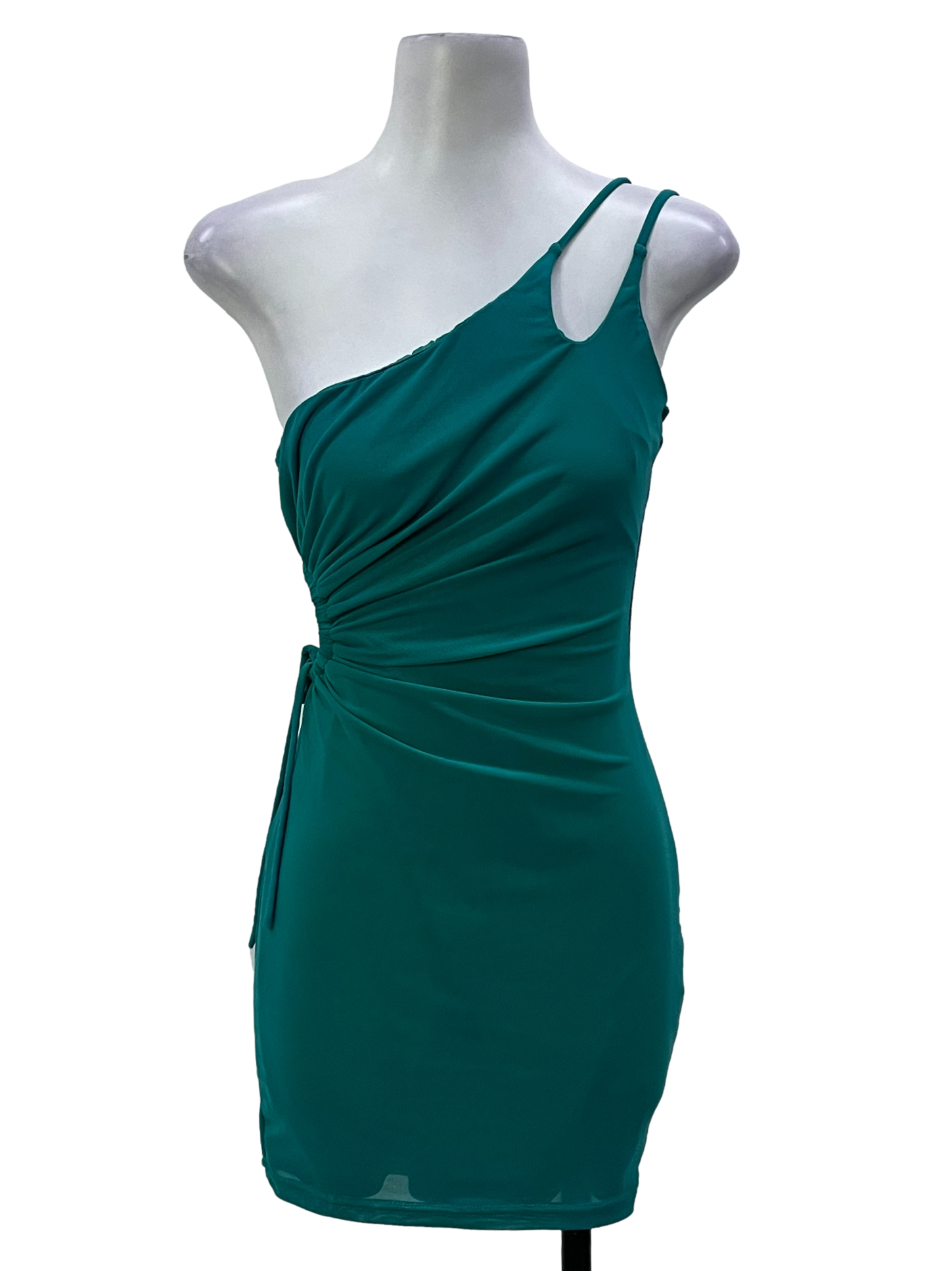 Ocean Green Gathered Side Cutout One Shoulder Dress