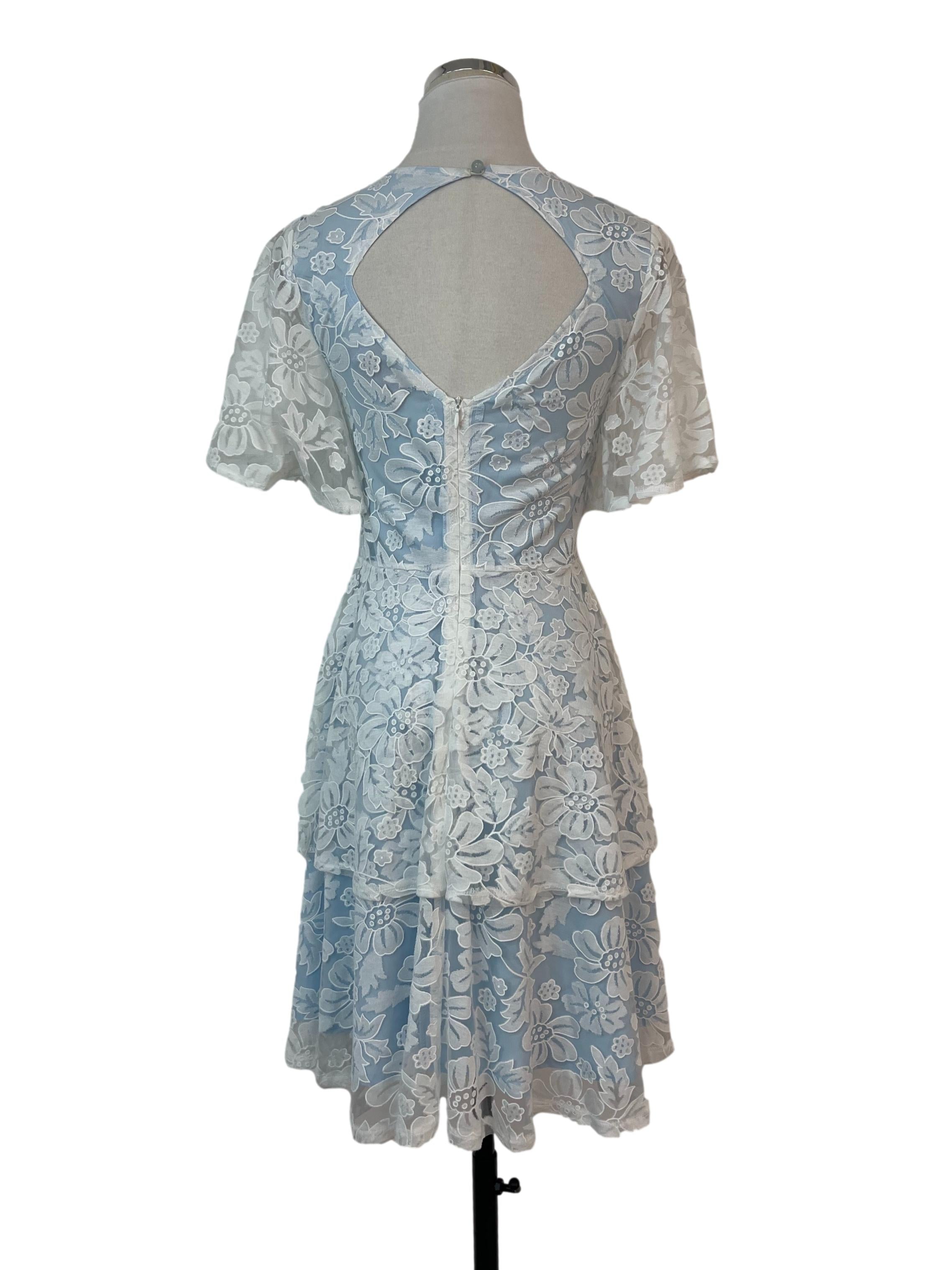 White Floral Round Neck Dress with Light Blue Inner Lining