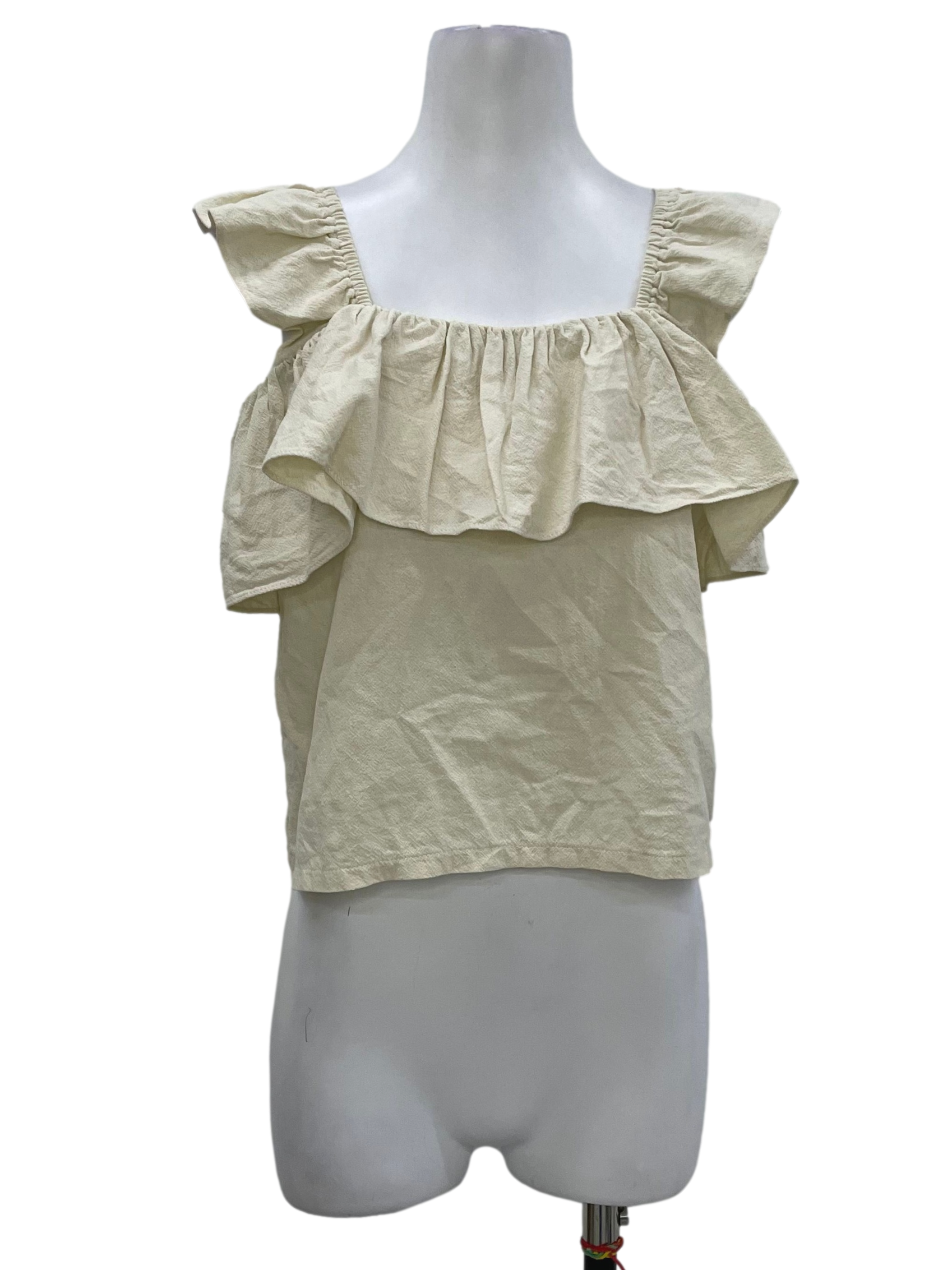 Beige Linen Puff Ruffled Top