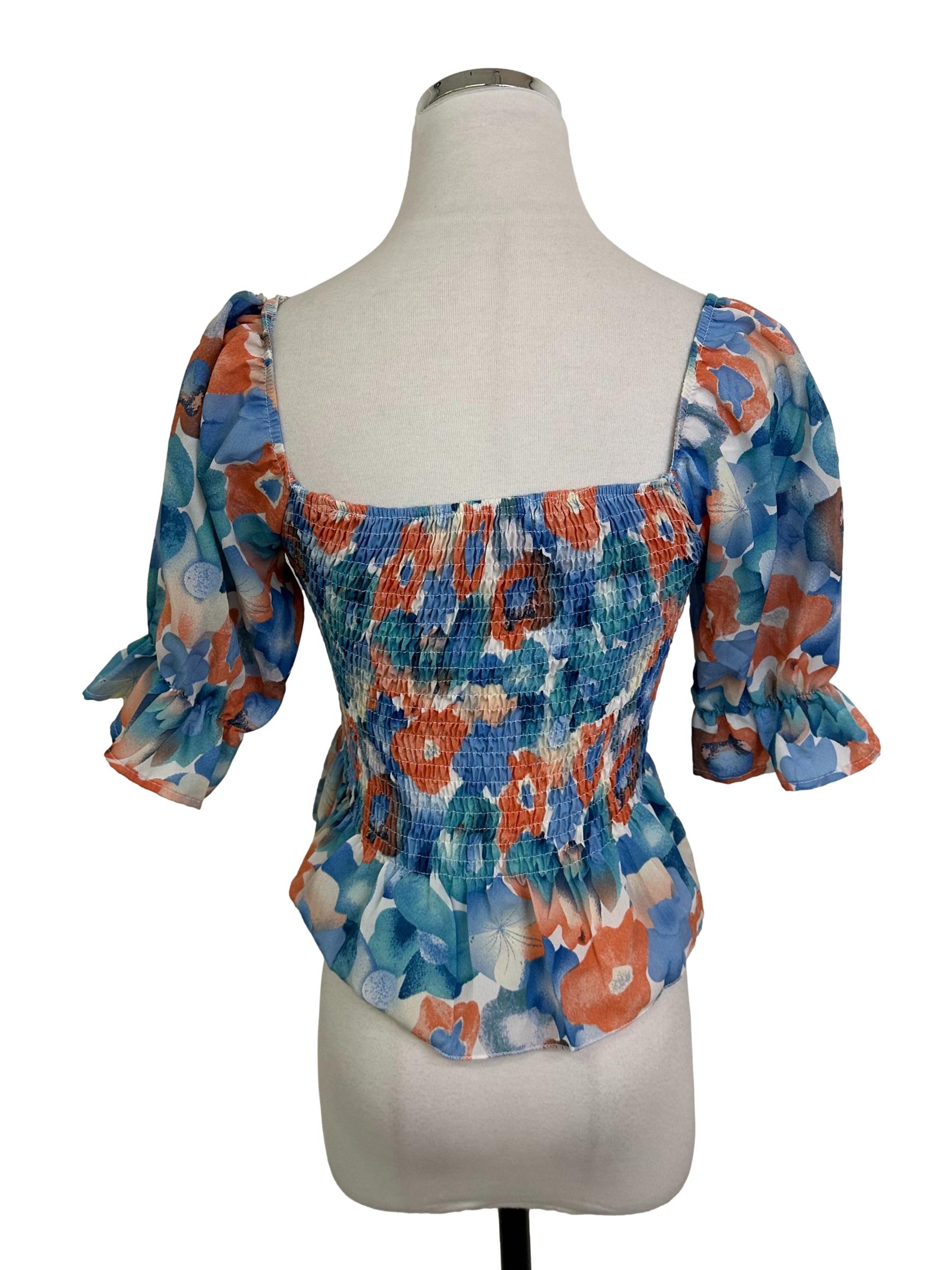 Blue Floral Ruched Button Top