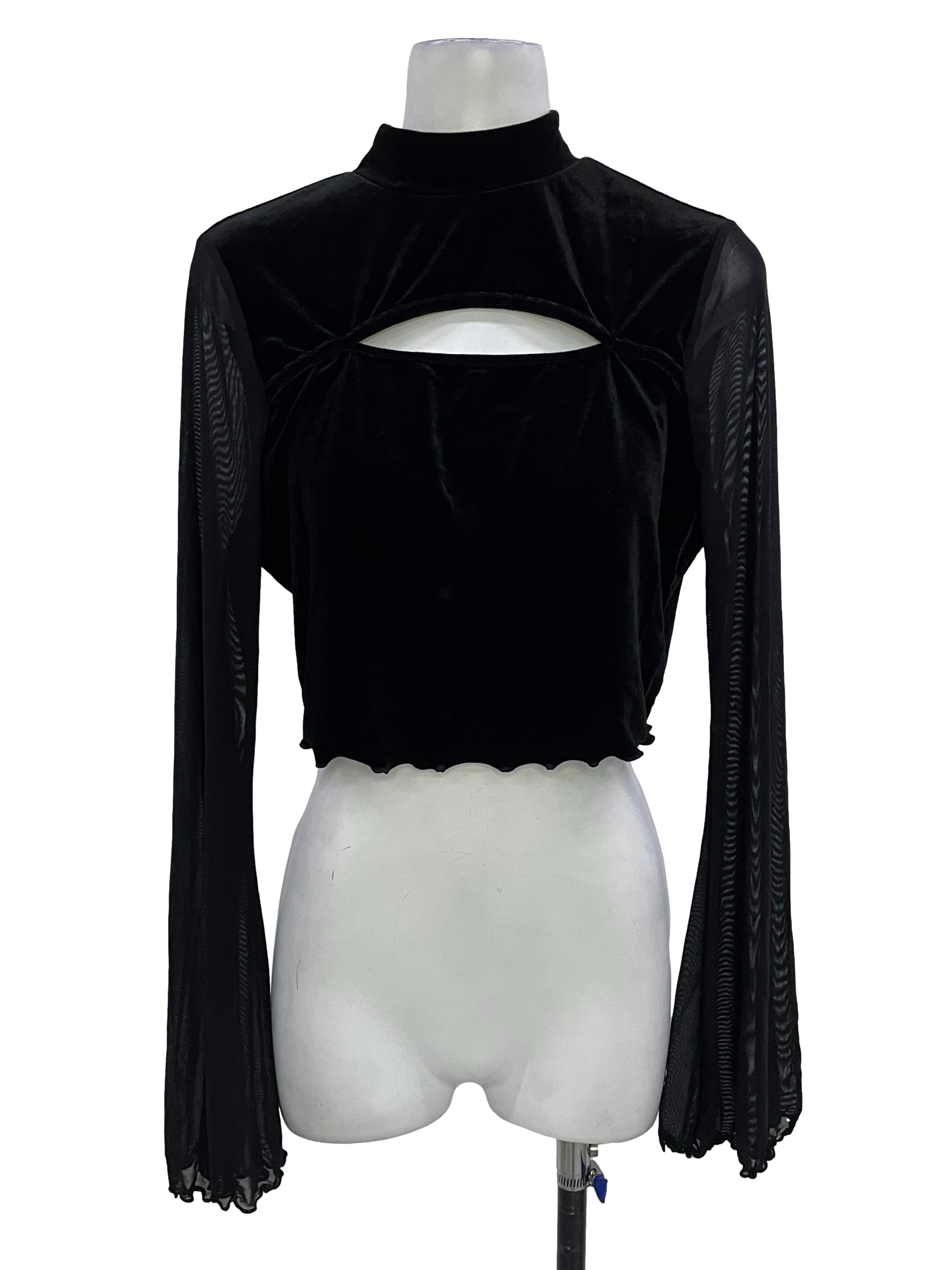 Obsidian Black High Neck Velvet Cutout Long Sleeve Crop Top