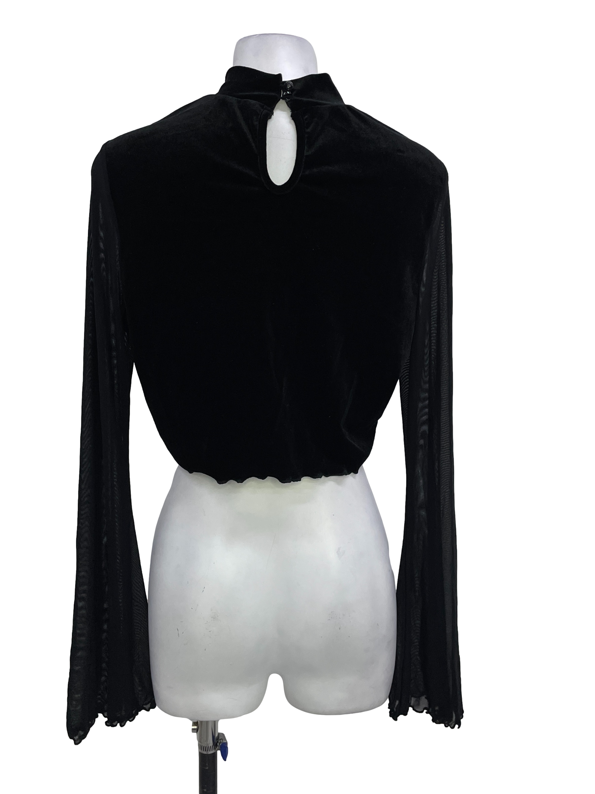 Obsidian Black High Neck Velvet Cutout Long Sleeve Crop Top