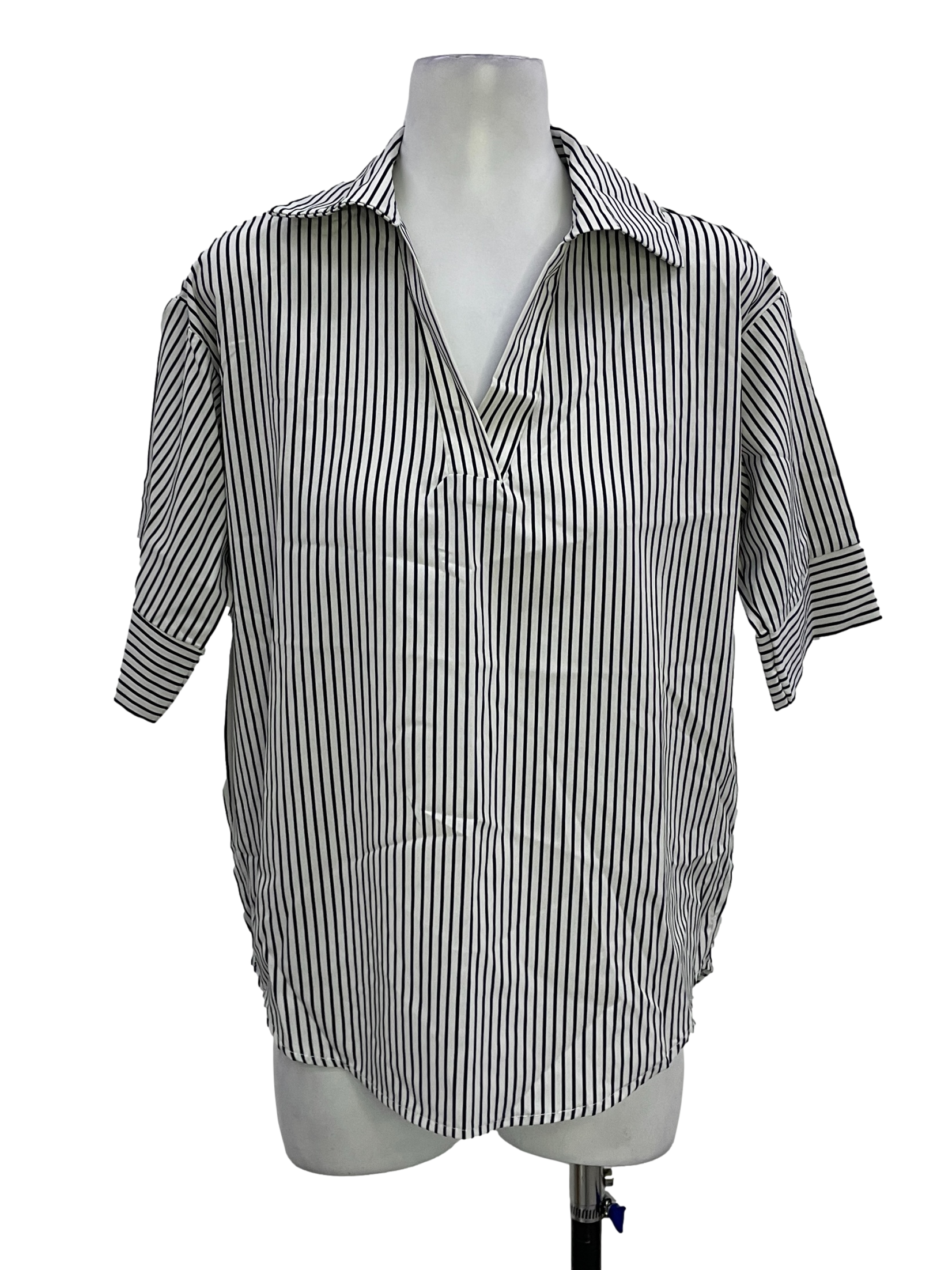 White And Black Stripes 3/4 Sleeve Shirt Blouse