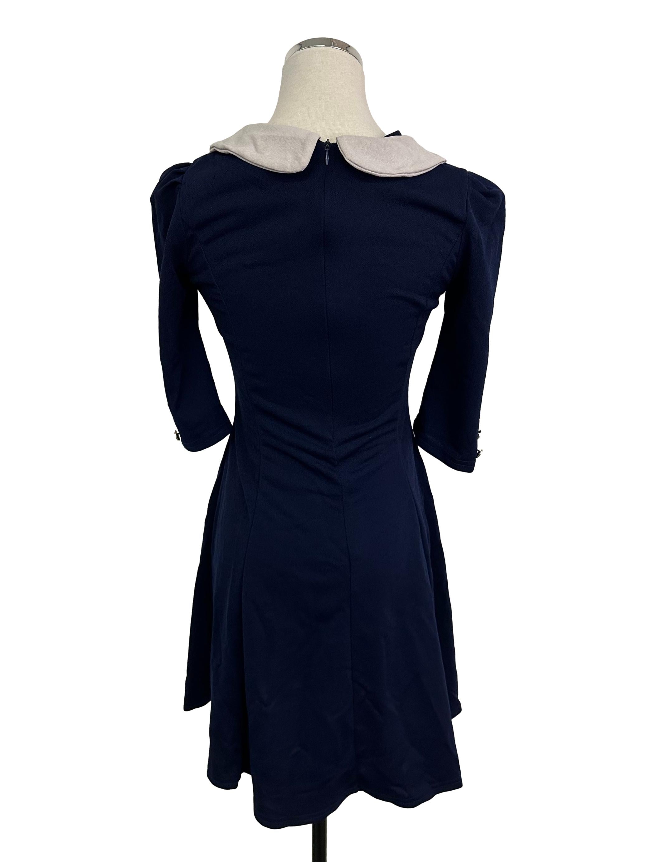 Navy Blue Collared Sleeve Dropwaist Dress