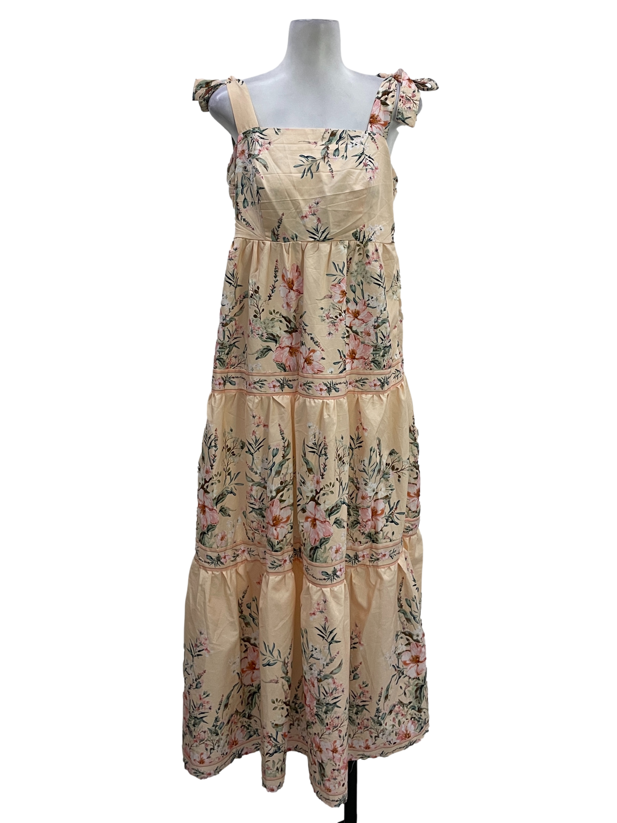 Peach Floral Square Neck Sleeveless Dress