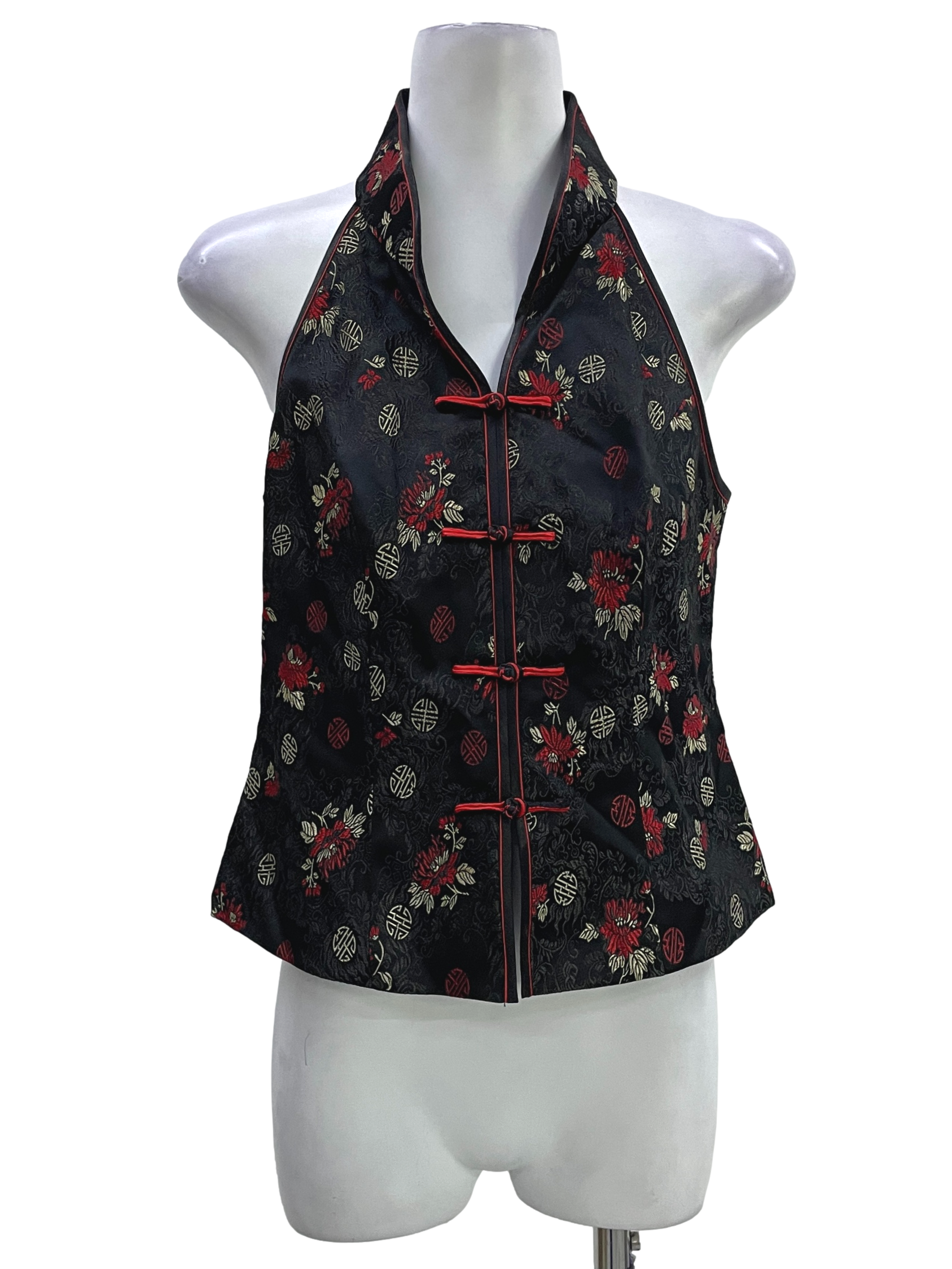 Black Red Mandarin Collar Sleeveless Top