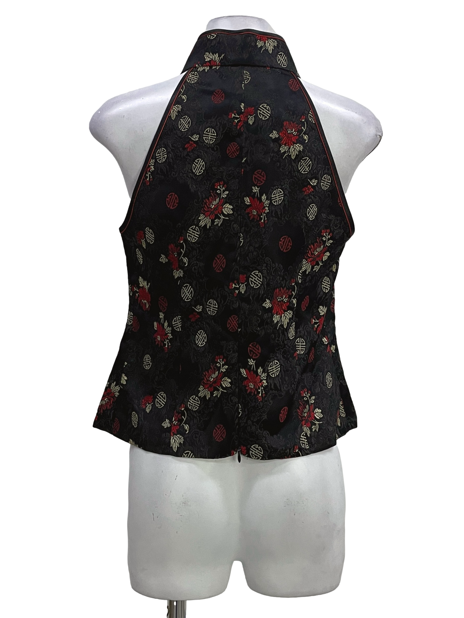 Black Red Mandarin Collar Sleeveless Top