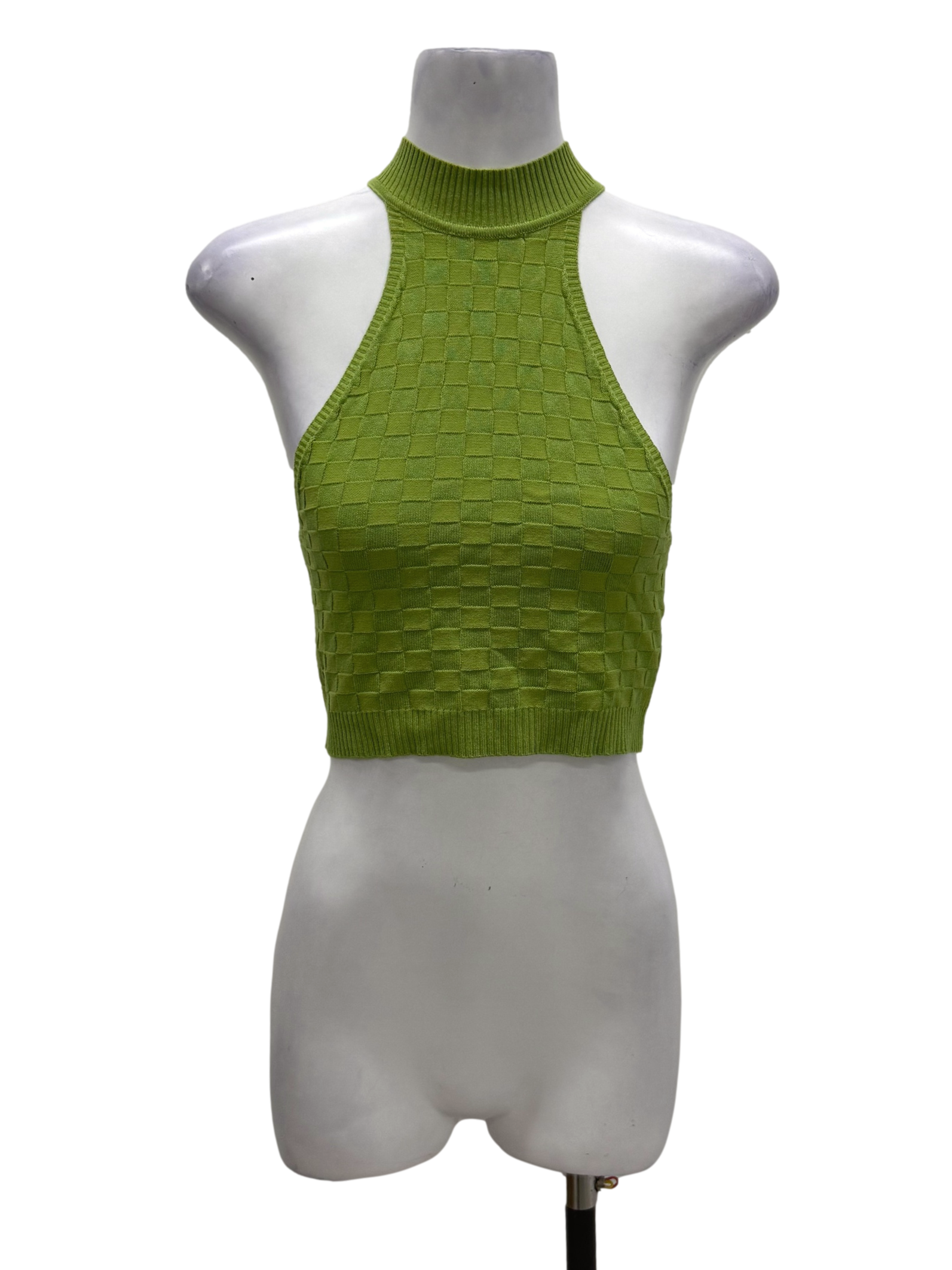 Assorted Brand Pickle Green Checkered Halter Top | REFASH