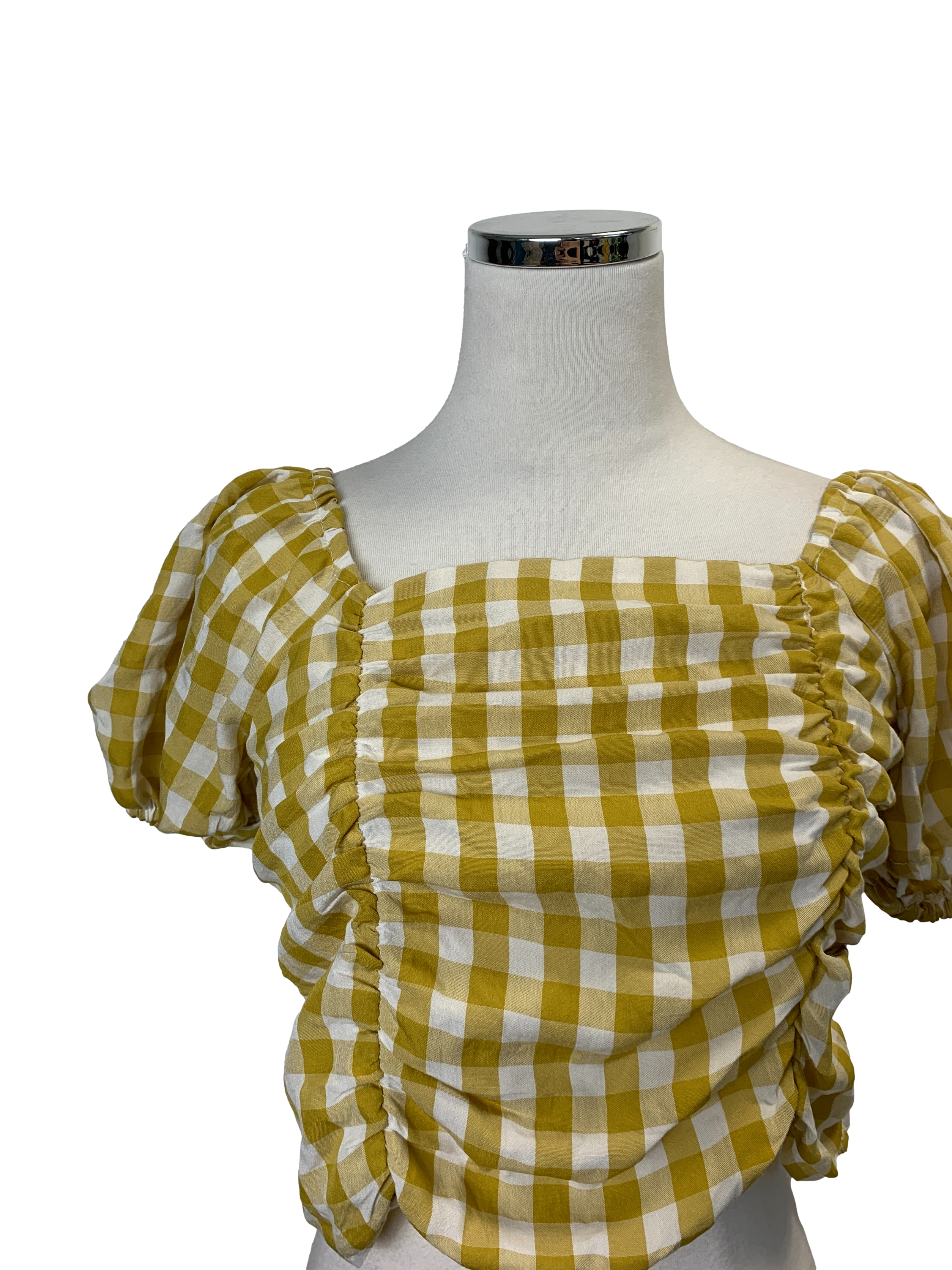 Yellow Checkered Elastic Sleeves Top