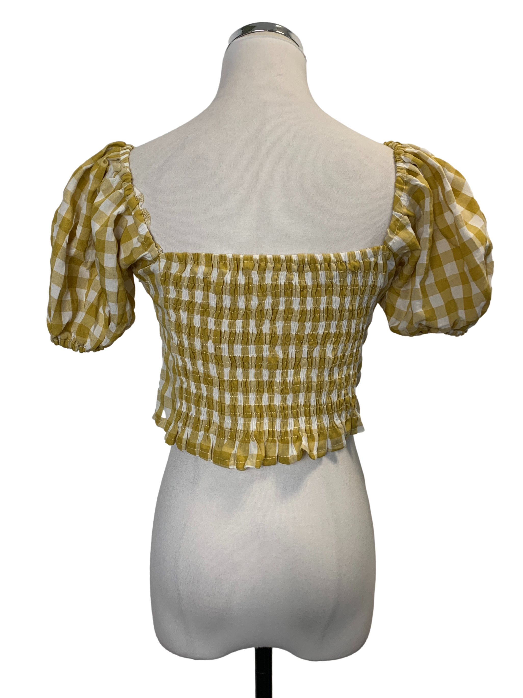 Yellow Checkered Elastic Sleeves Top