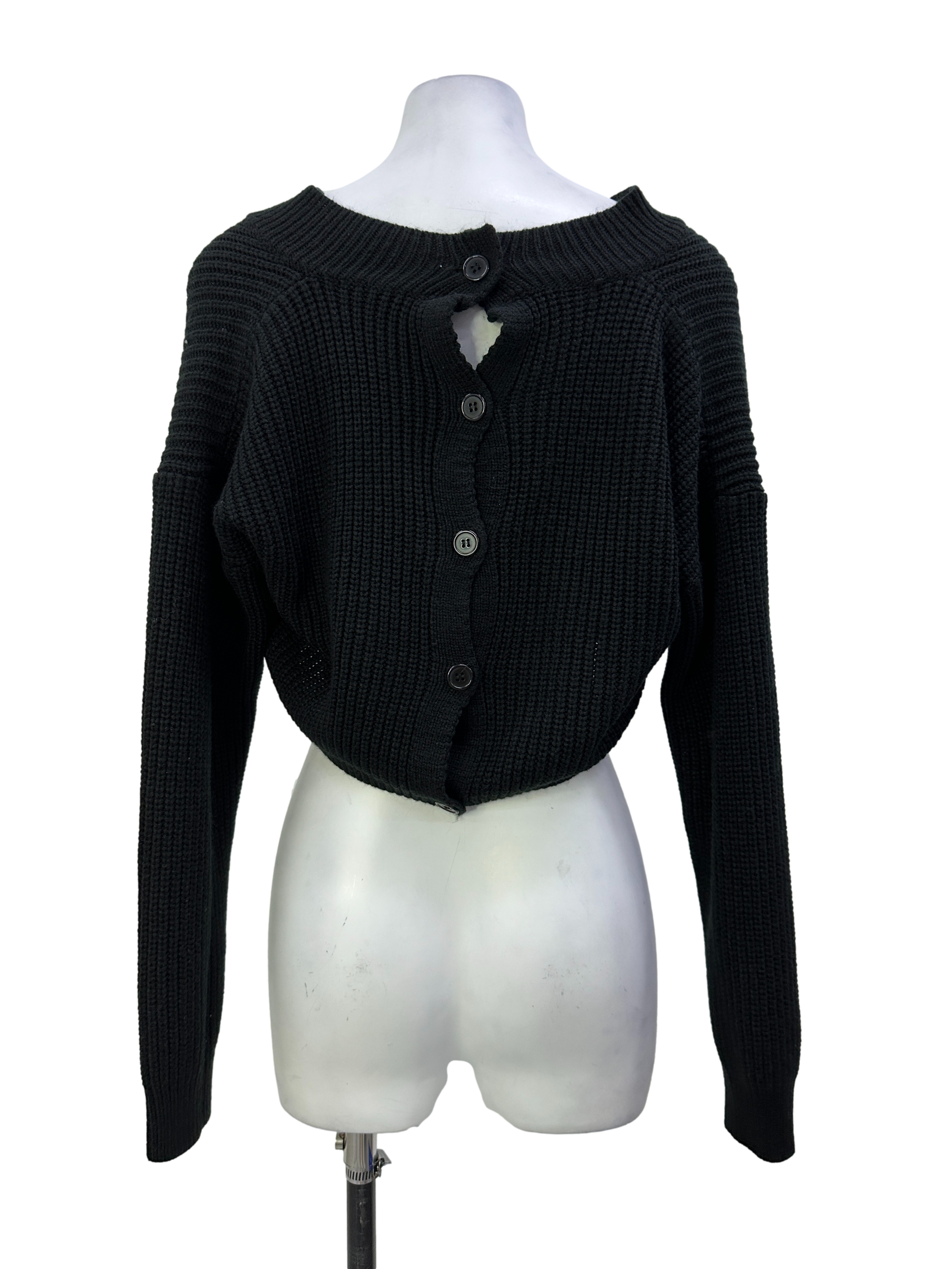 Black Cropped Back Button Up Knit Cardigan