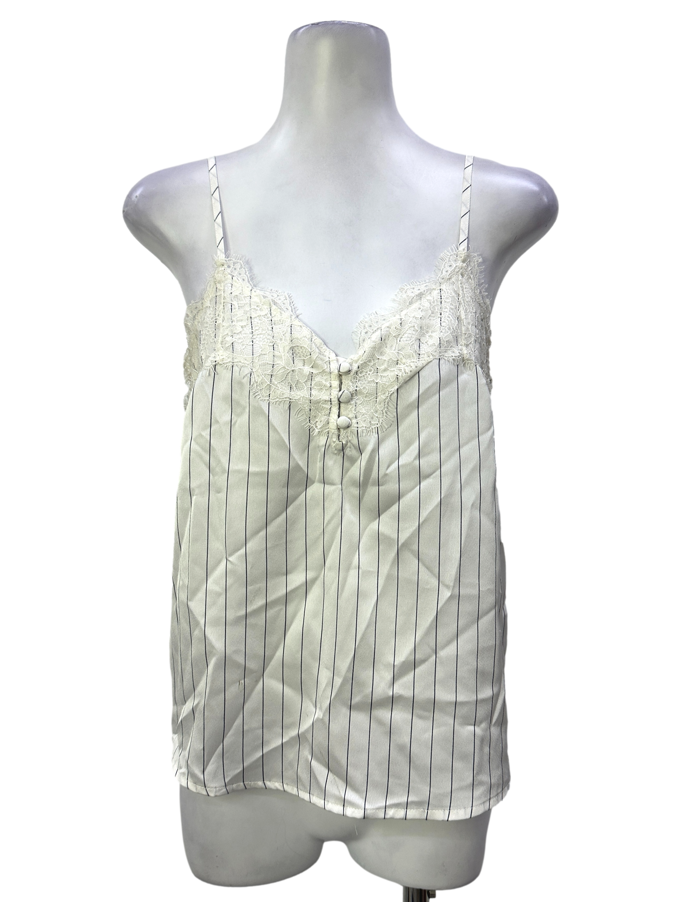 White & Blue Pinstripe Lace Edged Tank Top