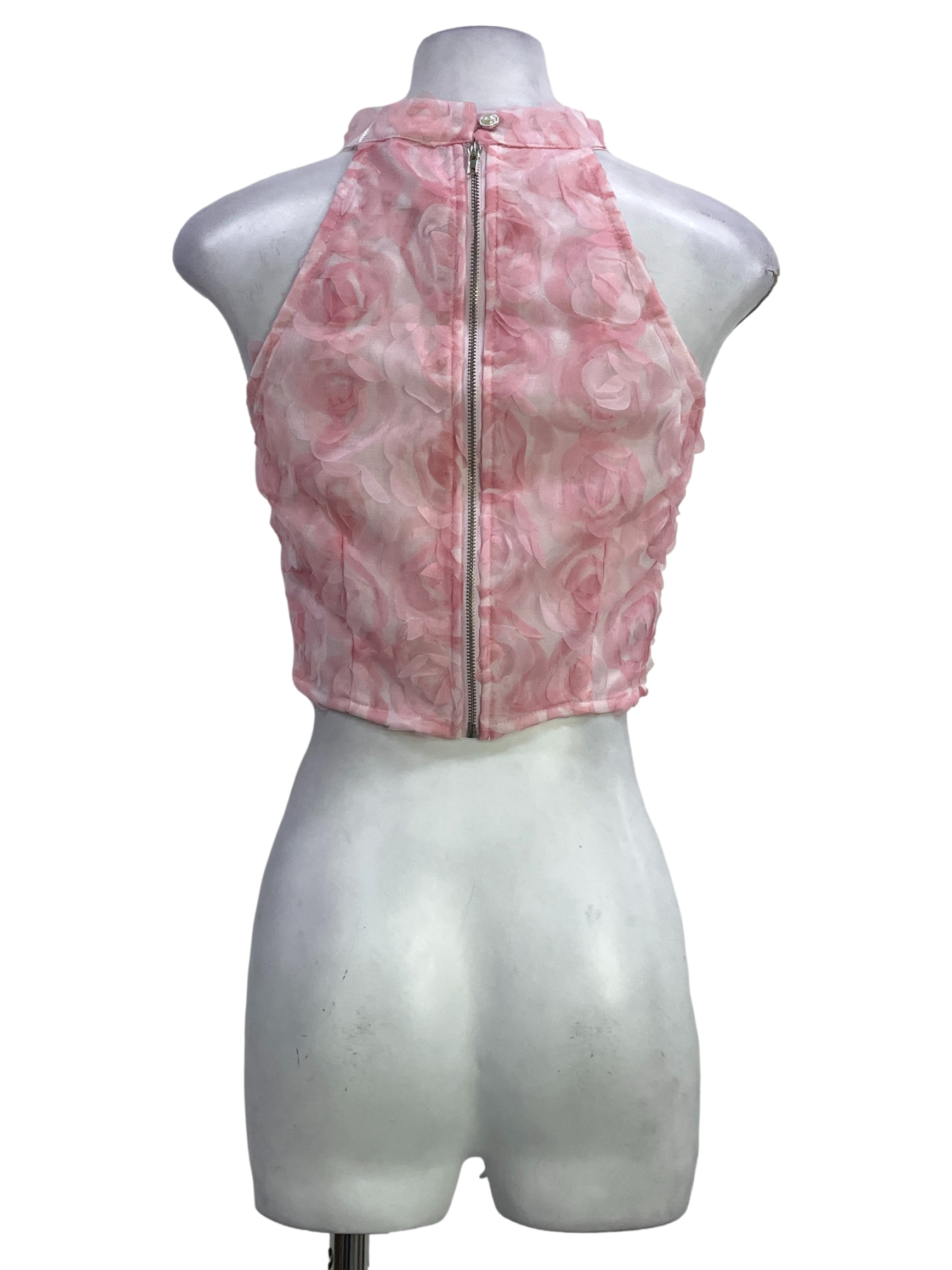 Pastel Pink Floral Patches High Neck Sleeveless Top