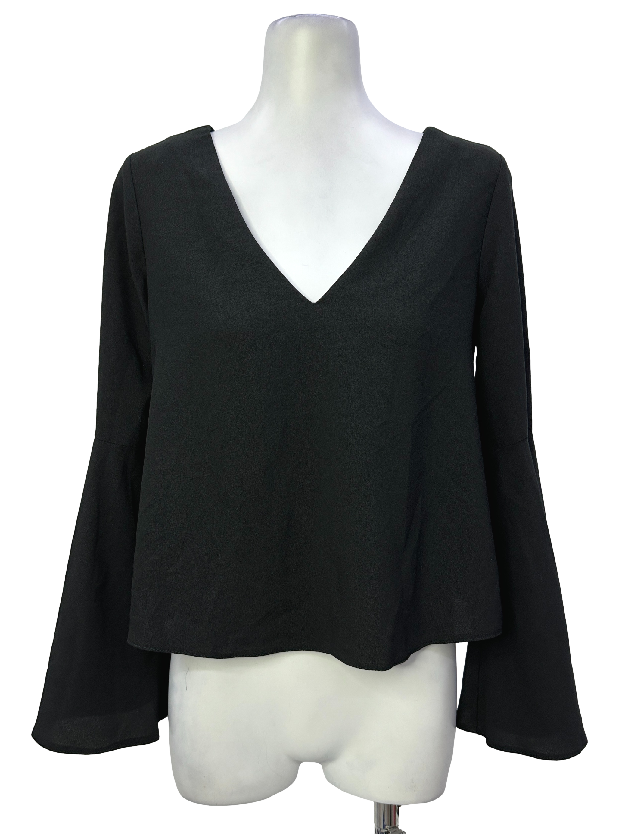 Black Deep V-Neck Bell Sleeve Blouse