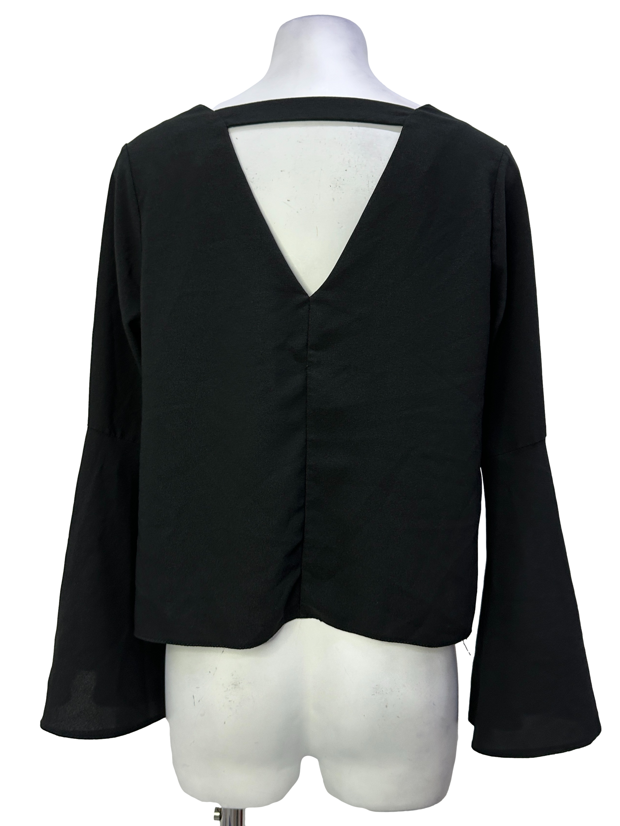 Black Deep V-Neck Bell Sleeve Blouse