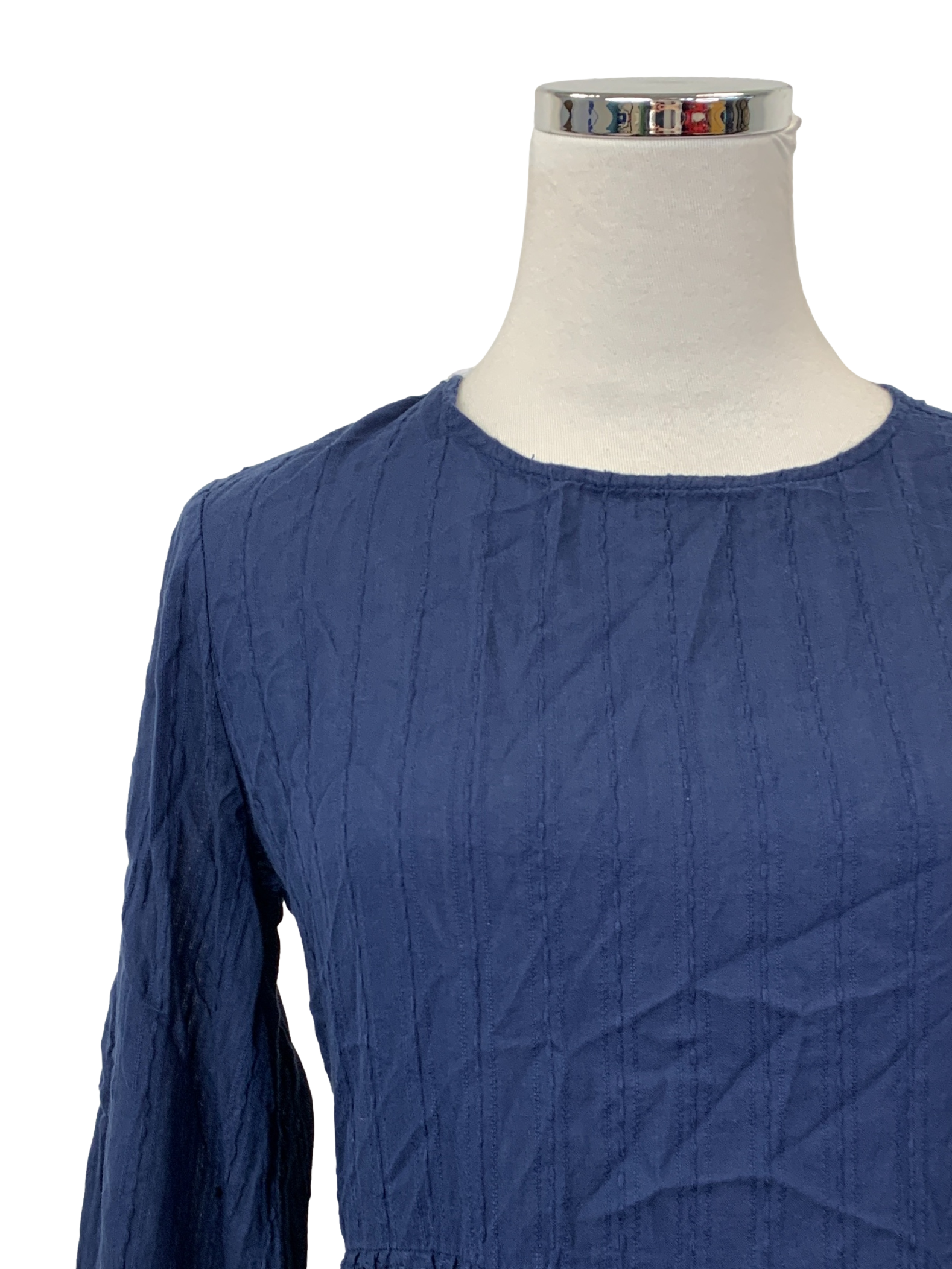 Navy Blue Textured Long Sleeves Empire Dress