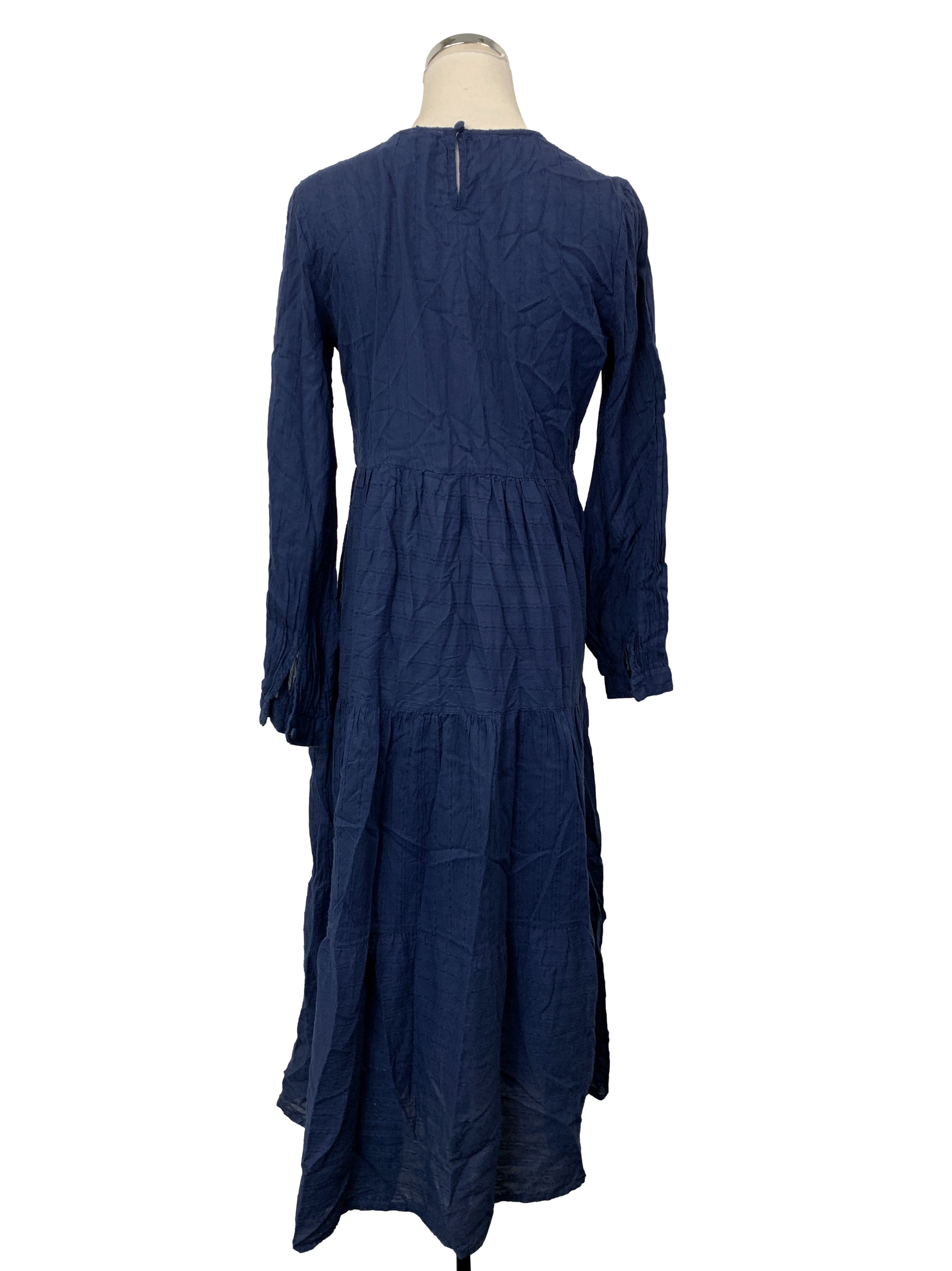 Navy Blue Textured Long Sleeves Empire Dress