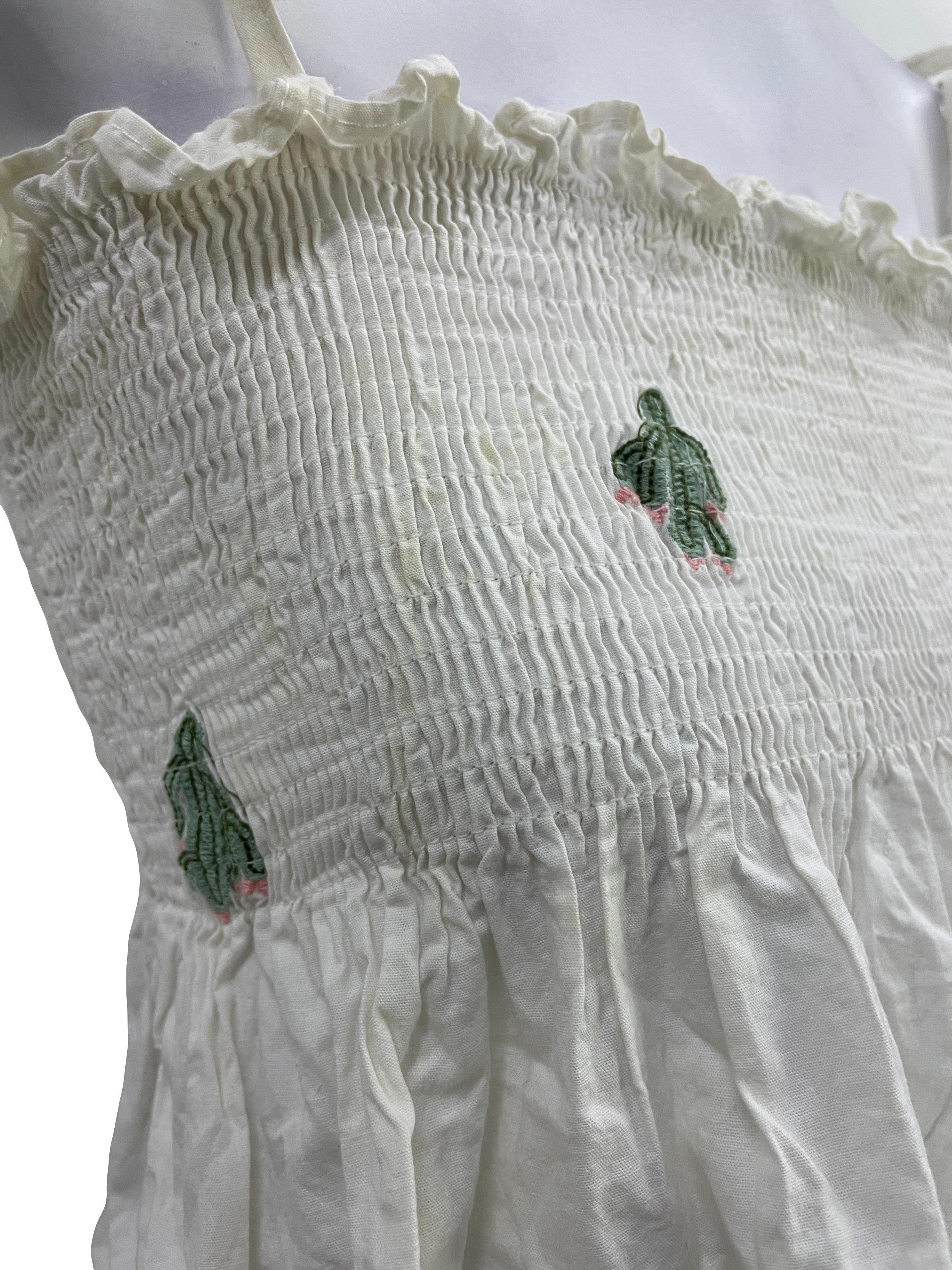 Porcelain White Smocked Cactus Embroided Top