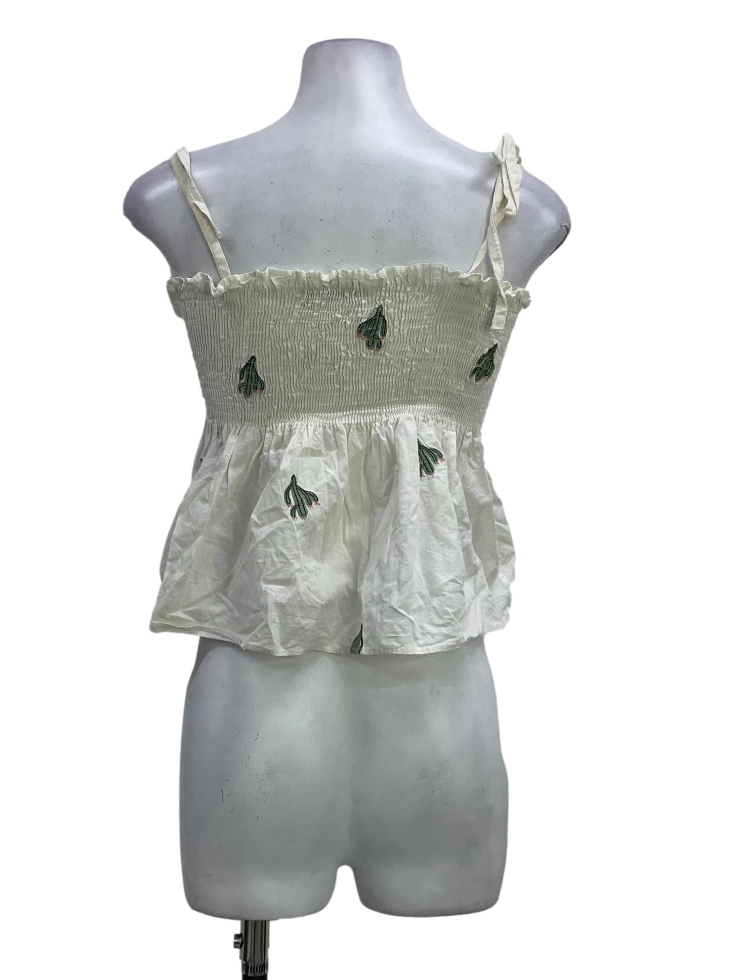 Porcelain White Smocked Cactus Embroided Top