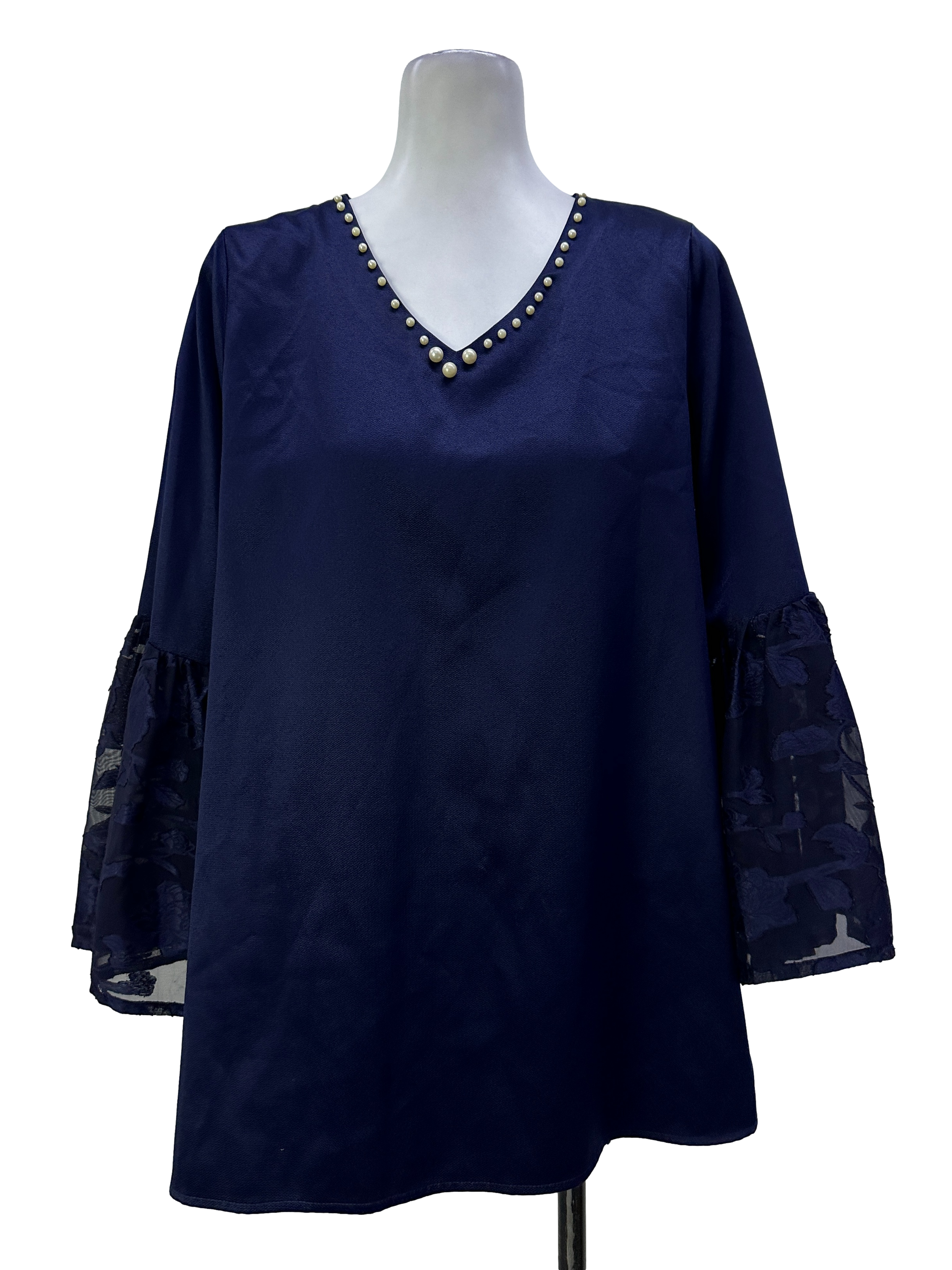 Navy Blue Pearl Beaded & Lace Sleeve Top