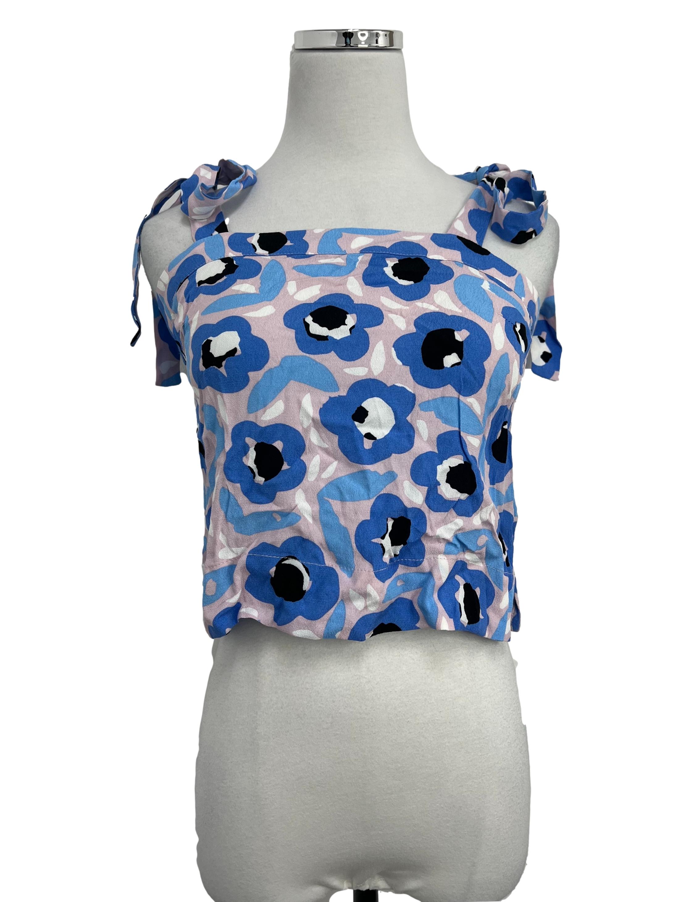 Abstract Blue Pink Self Tie Top