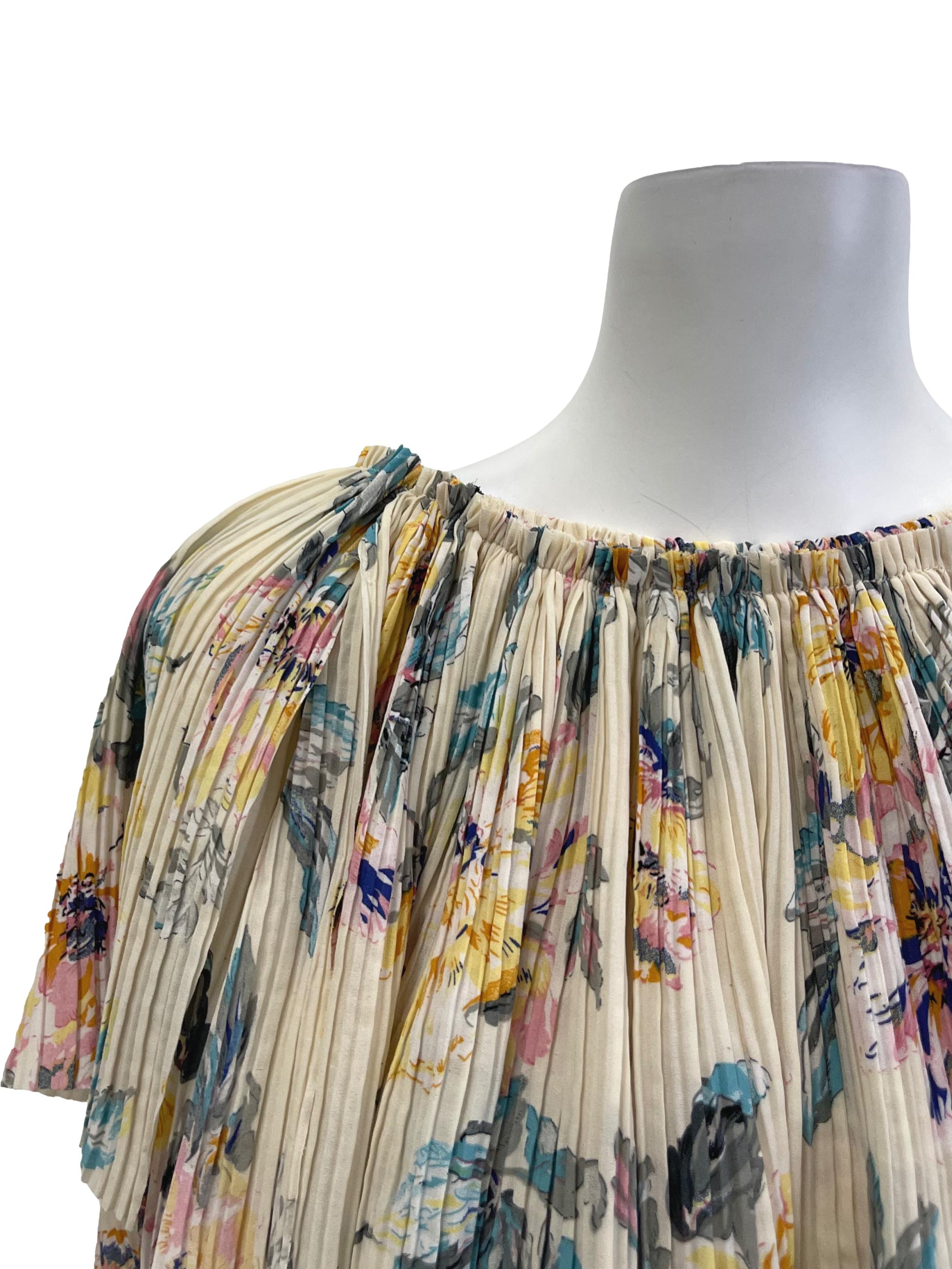 Beige Pleated Off Shoulder Top with Colourful Abstracts