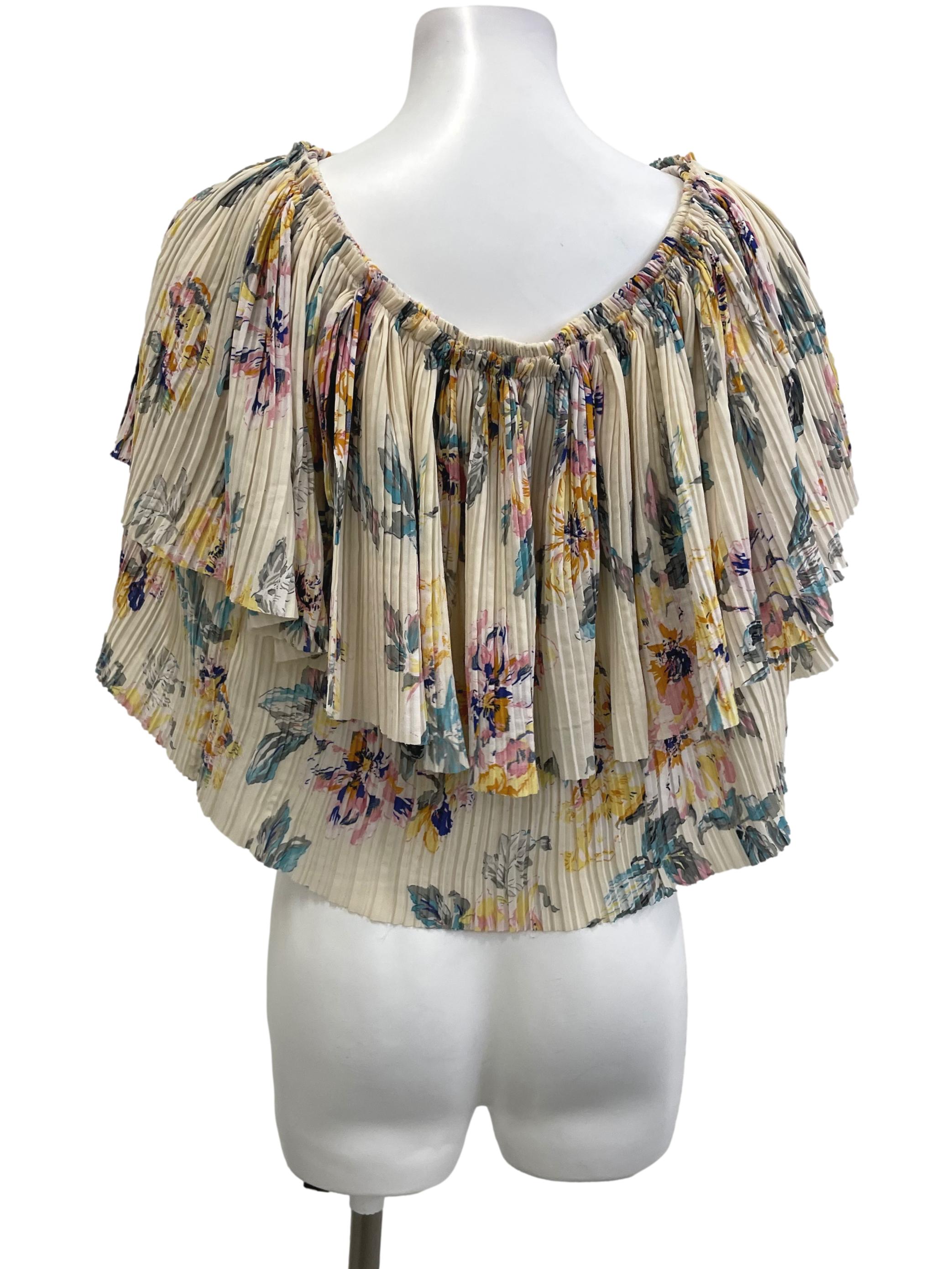 Beige Pleated Off Shoulder Top with Colourful Abstracts