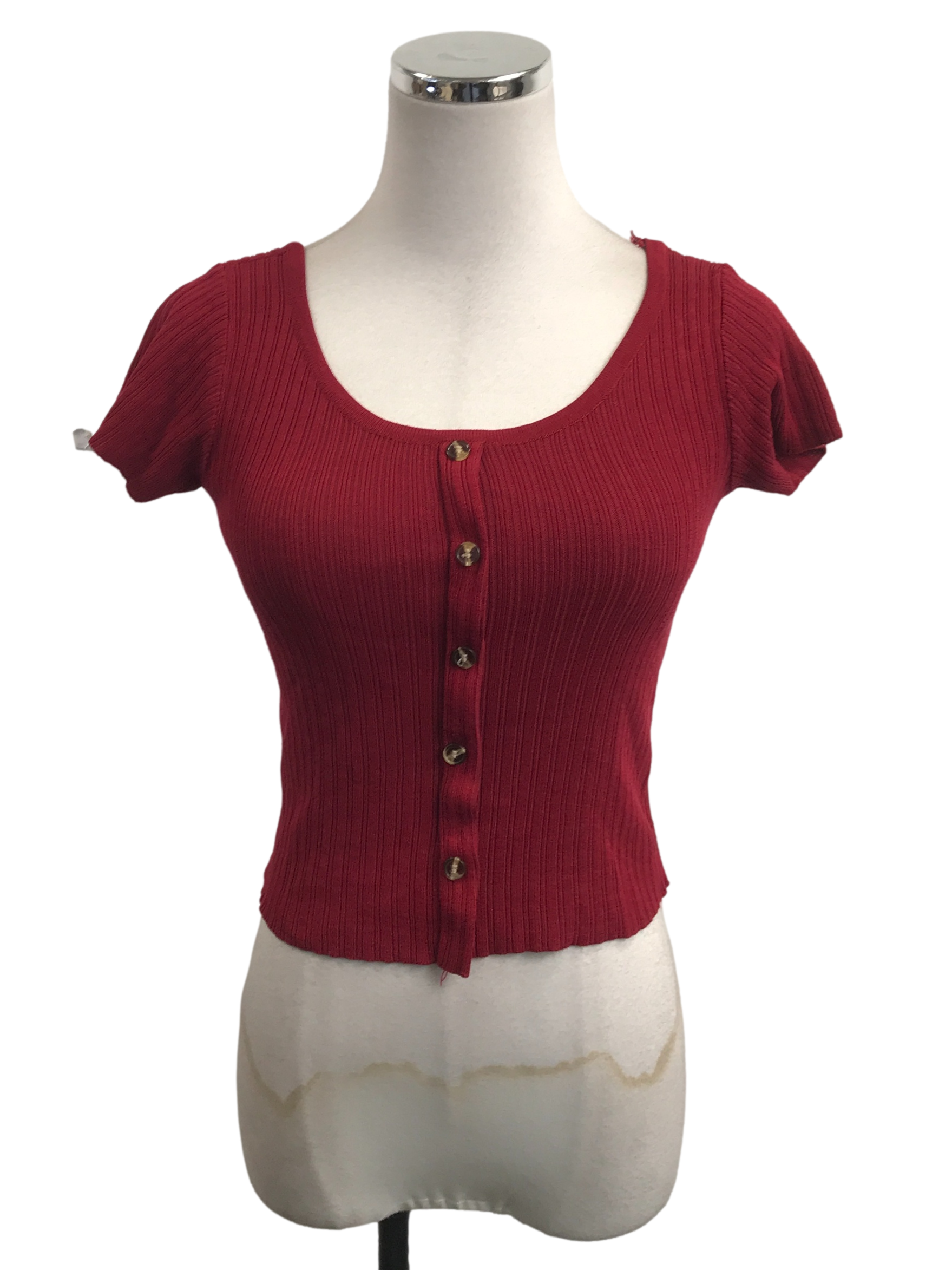Red Ribbed Round Neck Short Sleeve Top