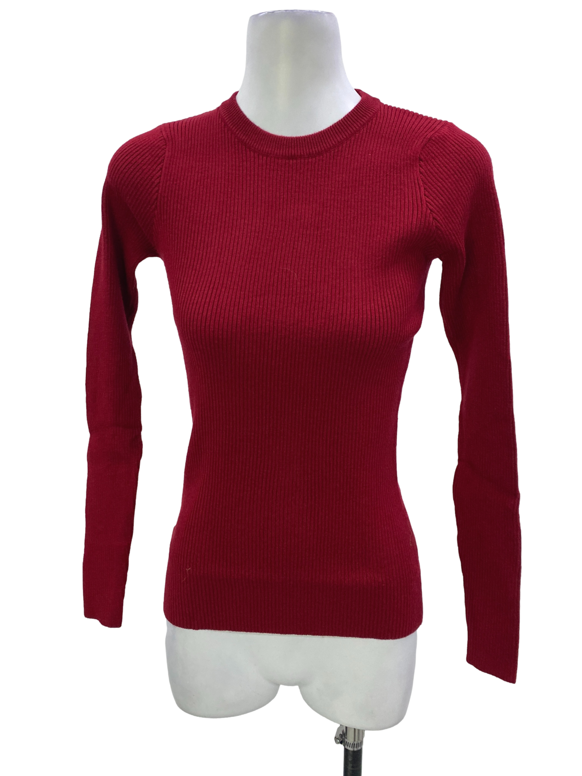 Red Ribbed Round Neck Long Sleeves Top