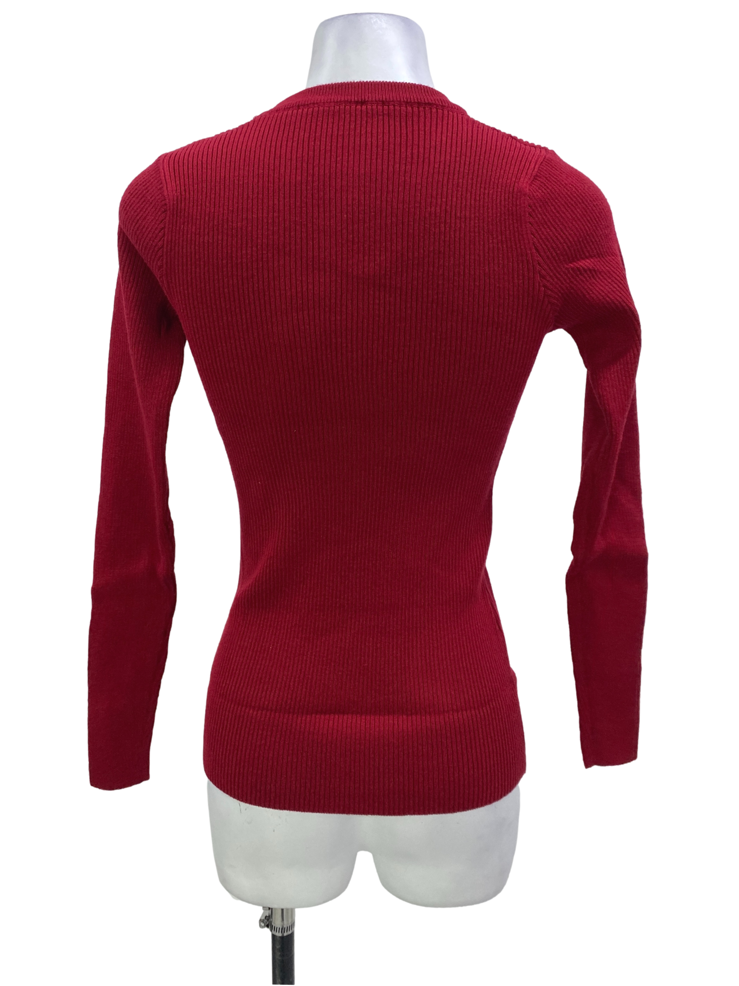 Red Ribbed Round Neck Long Sleeves Top