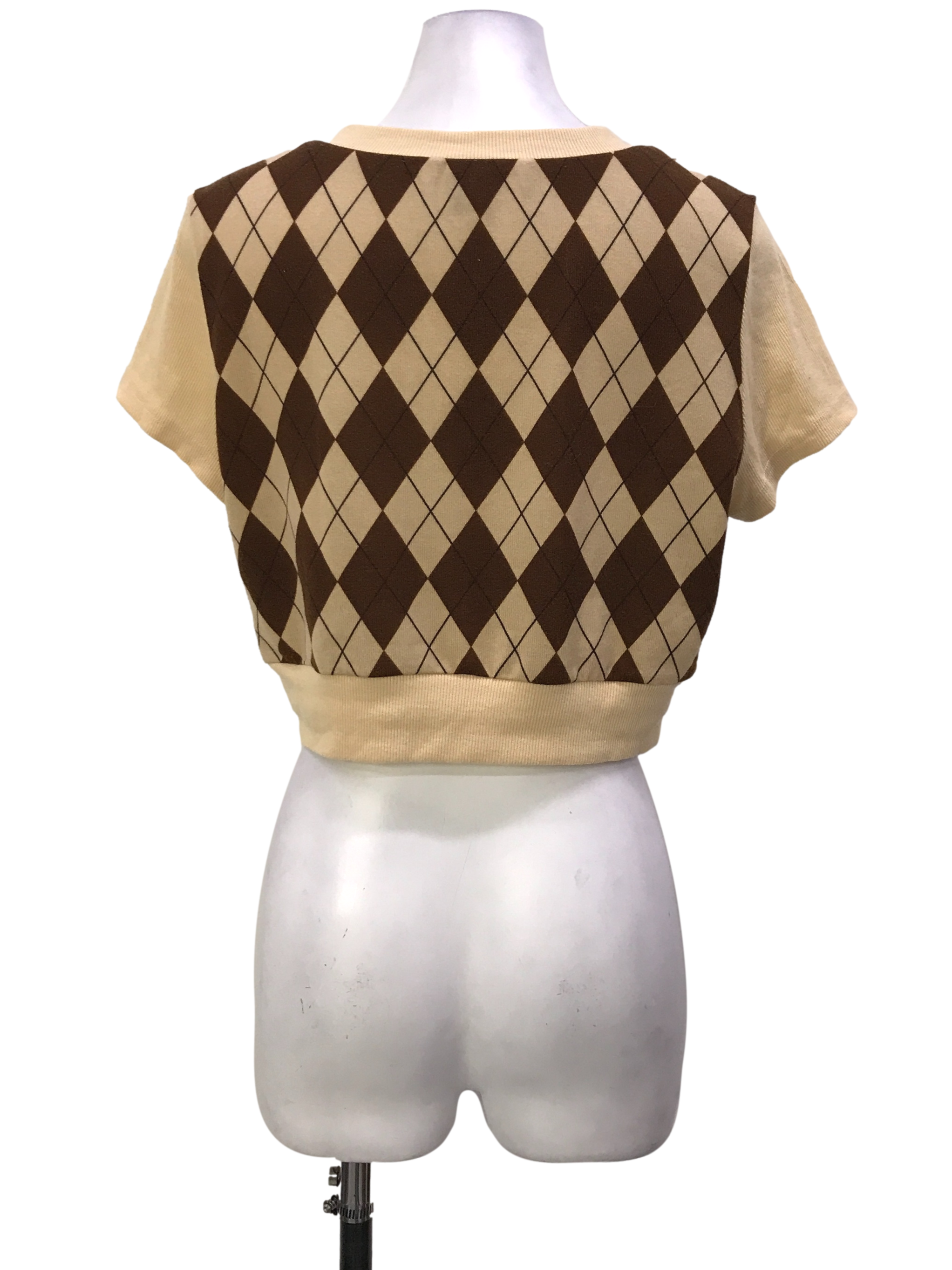 Brown And Beige Argyle Print Top