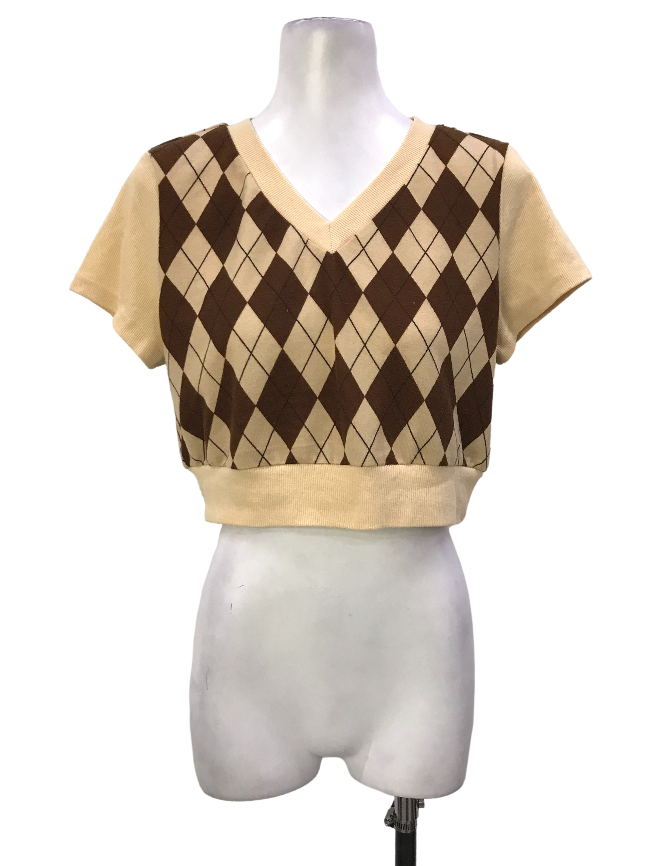 Brown And Beige Argyle Print Top