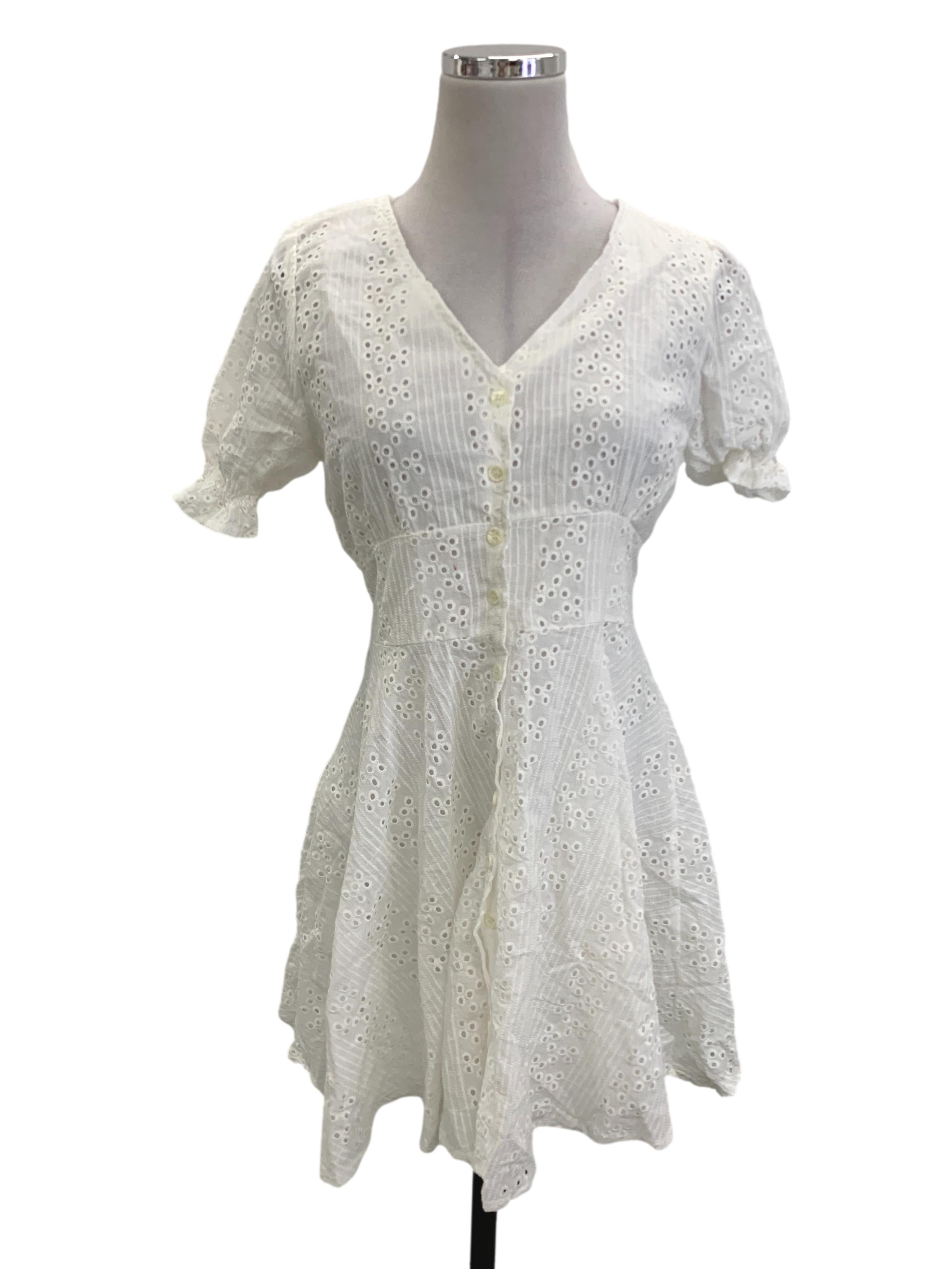 White Pointelle V-Neck Dress