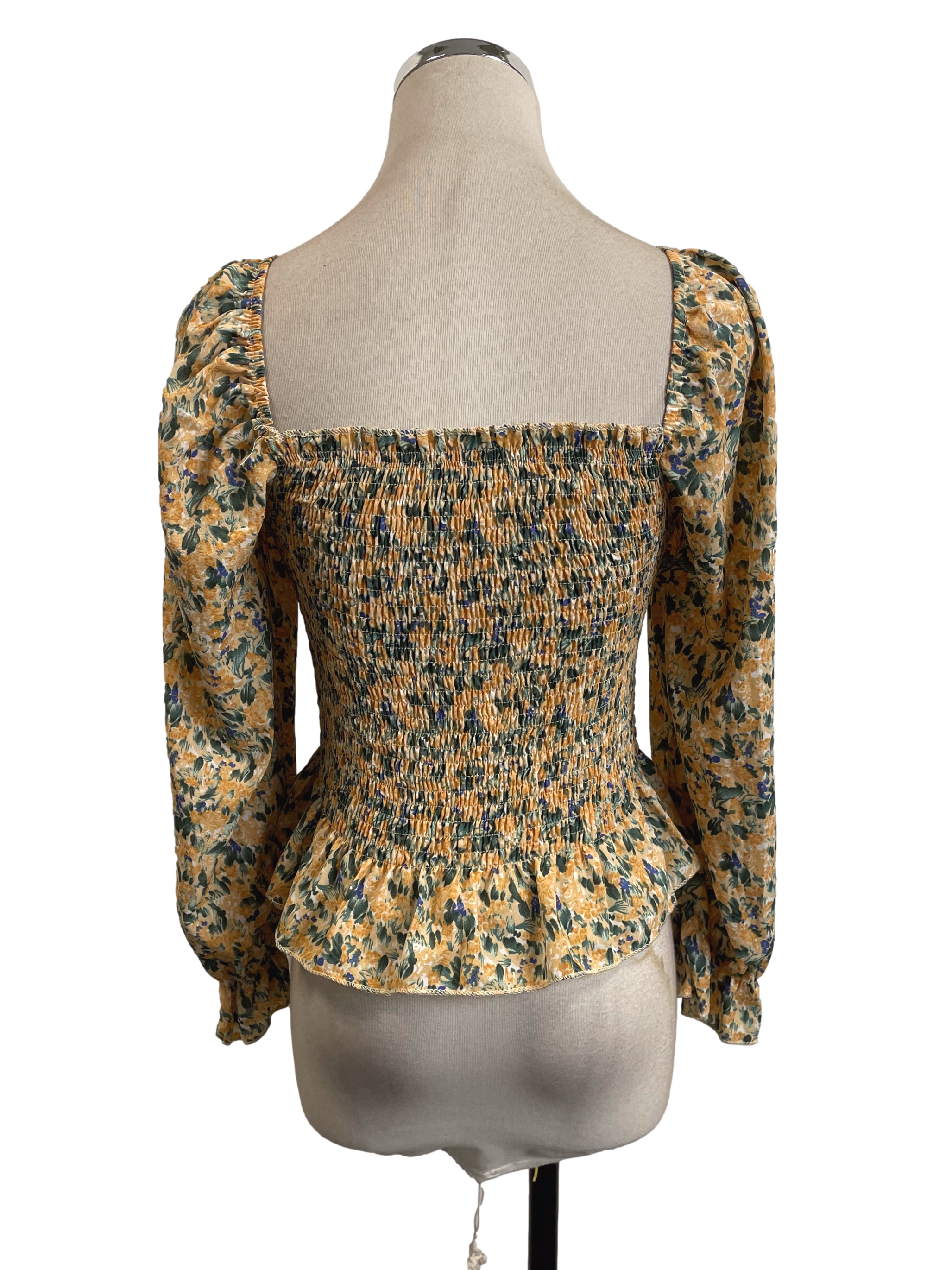 Yellow Square-Neck Floral Shirred Top