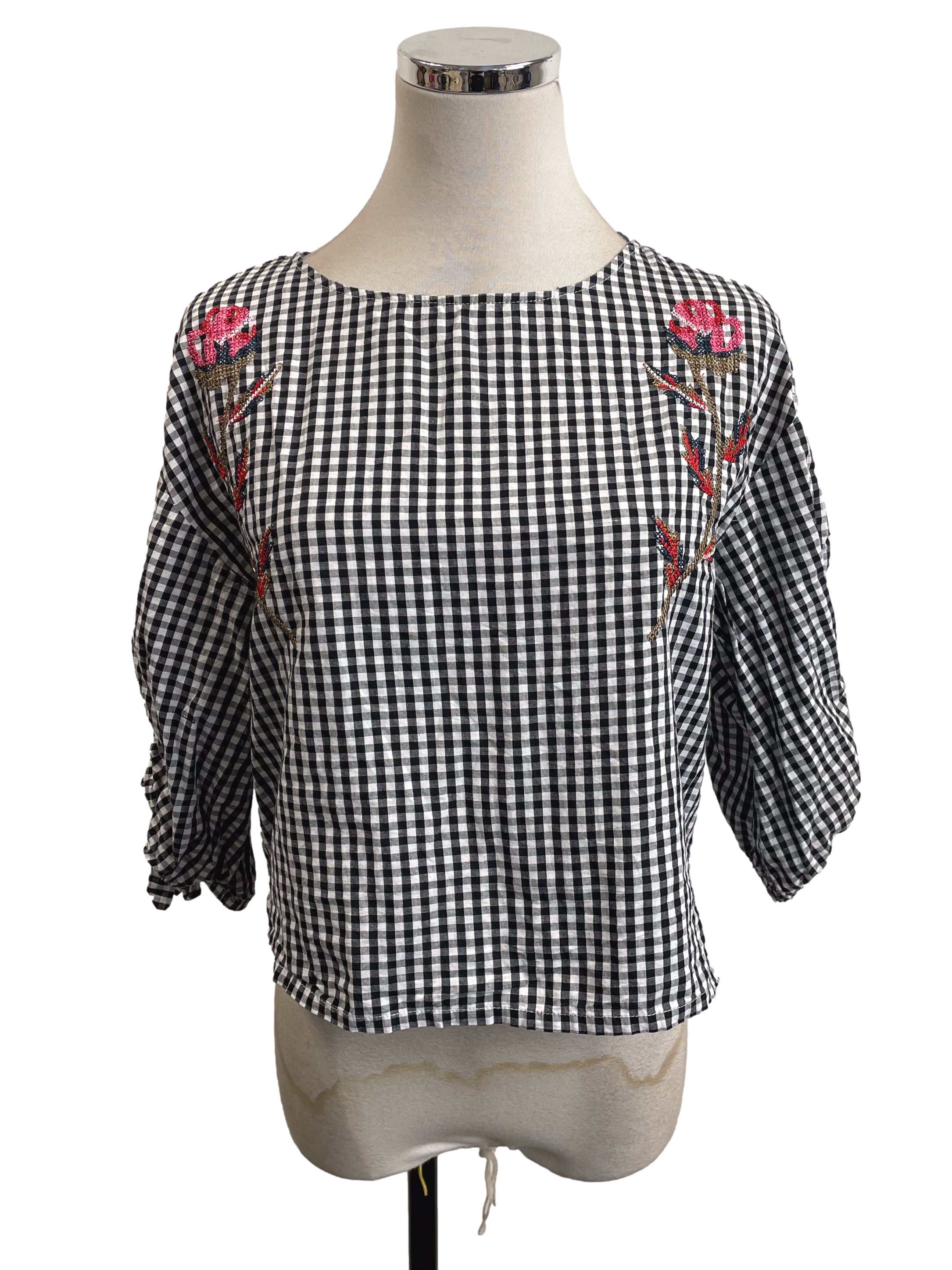 Black Gingham Embroidery-Detailed Top
